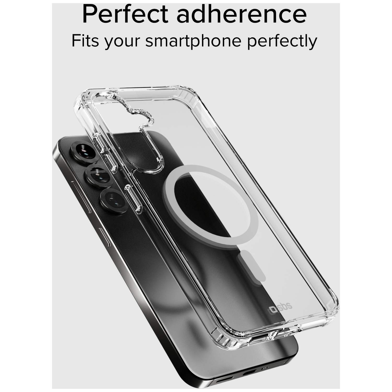 Een doorzichtige telefoonhoes ligt over een zwarte telefoon. De telefoon heeft drie cameralenzen. De hoes heeft een witte cirkel.