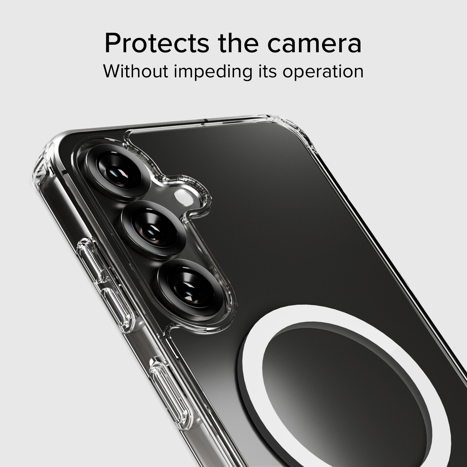 Een transparante telefoonhoes die de cameralenzen van een telefoon beschermt. De hoes heeft een witte ring. De achtergrond is lichtgrijs.