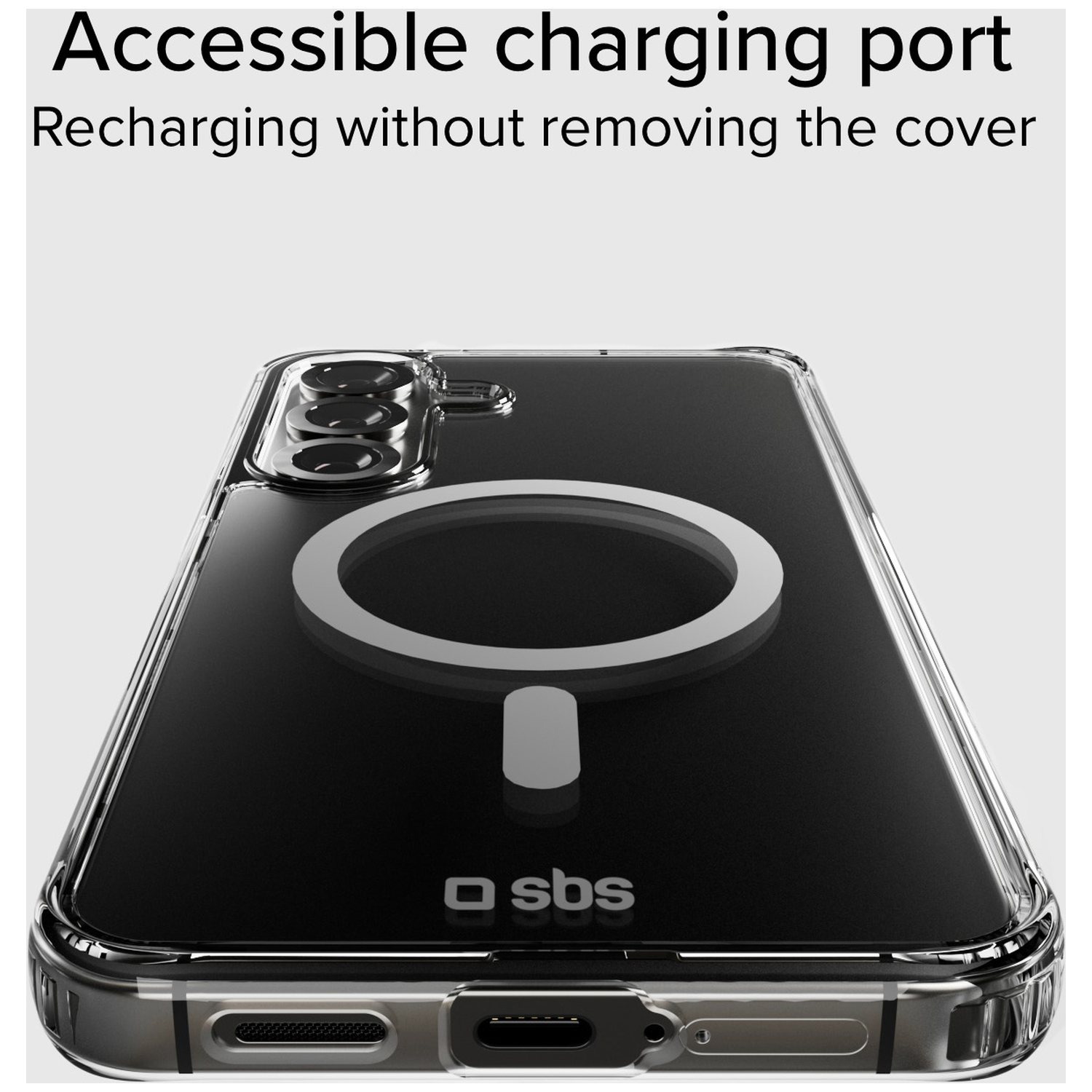Transparante telefoonhoes met MagSafe ring. Tekst: Toegankelijke oplaadpoort, opladen zonder de hoes te verwijderen. sbs logo.