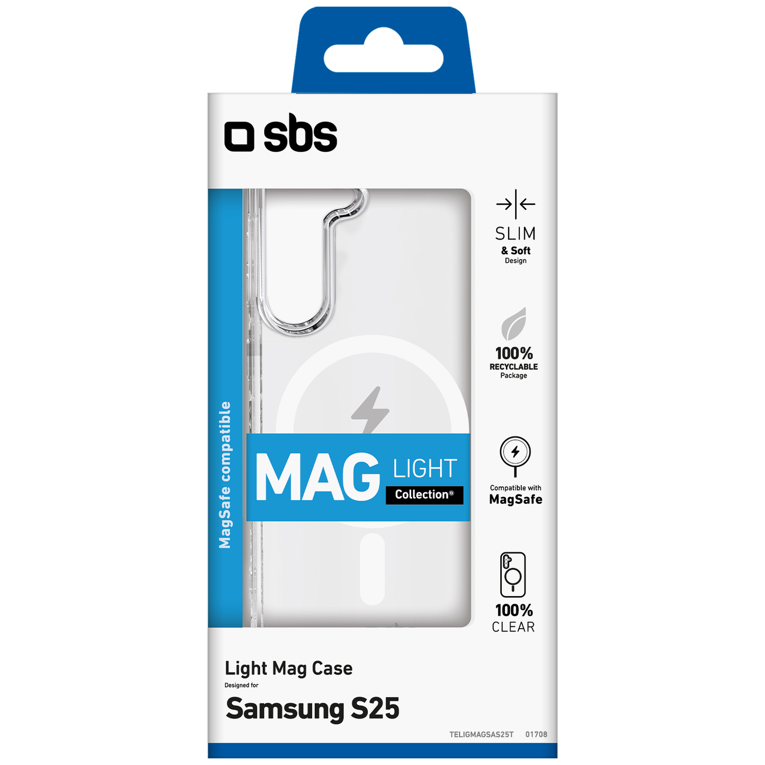 Een telefoonhoesverpakking. Er staat 'Mag Light Collection' en 'Samsung S25' op. De hoes is transparant en compatibel met MagSafe.