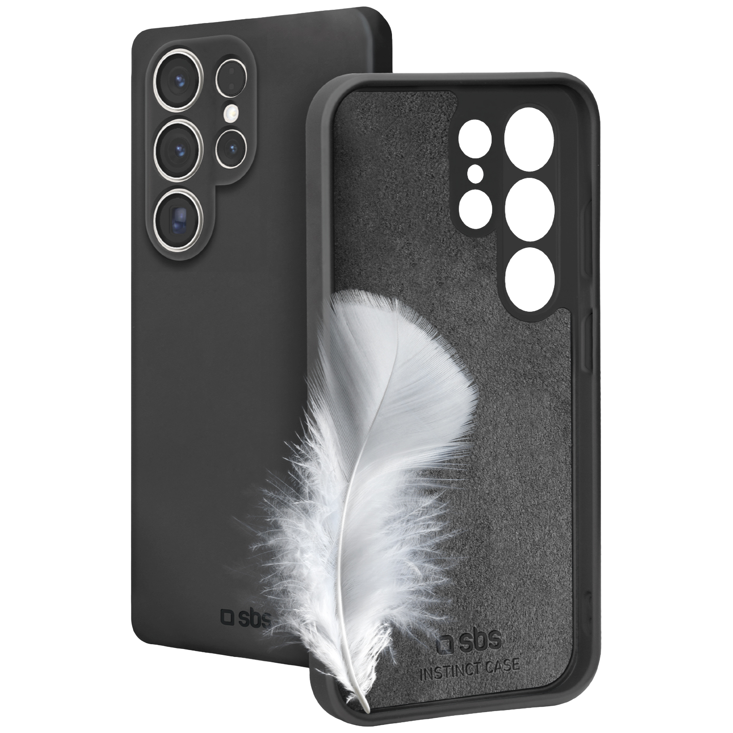 Twee zwarte telefoonhoesjes, één open met een witte veer erin. De andere hoes is gesloten en toont cameralenzen. De hoesjes hebben een 'sbs' logo.