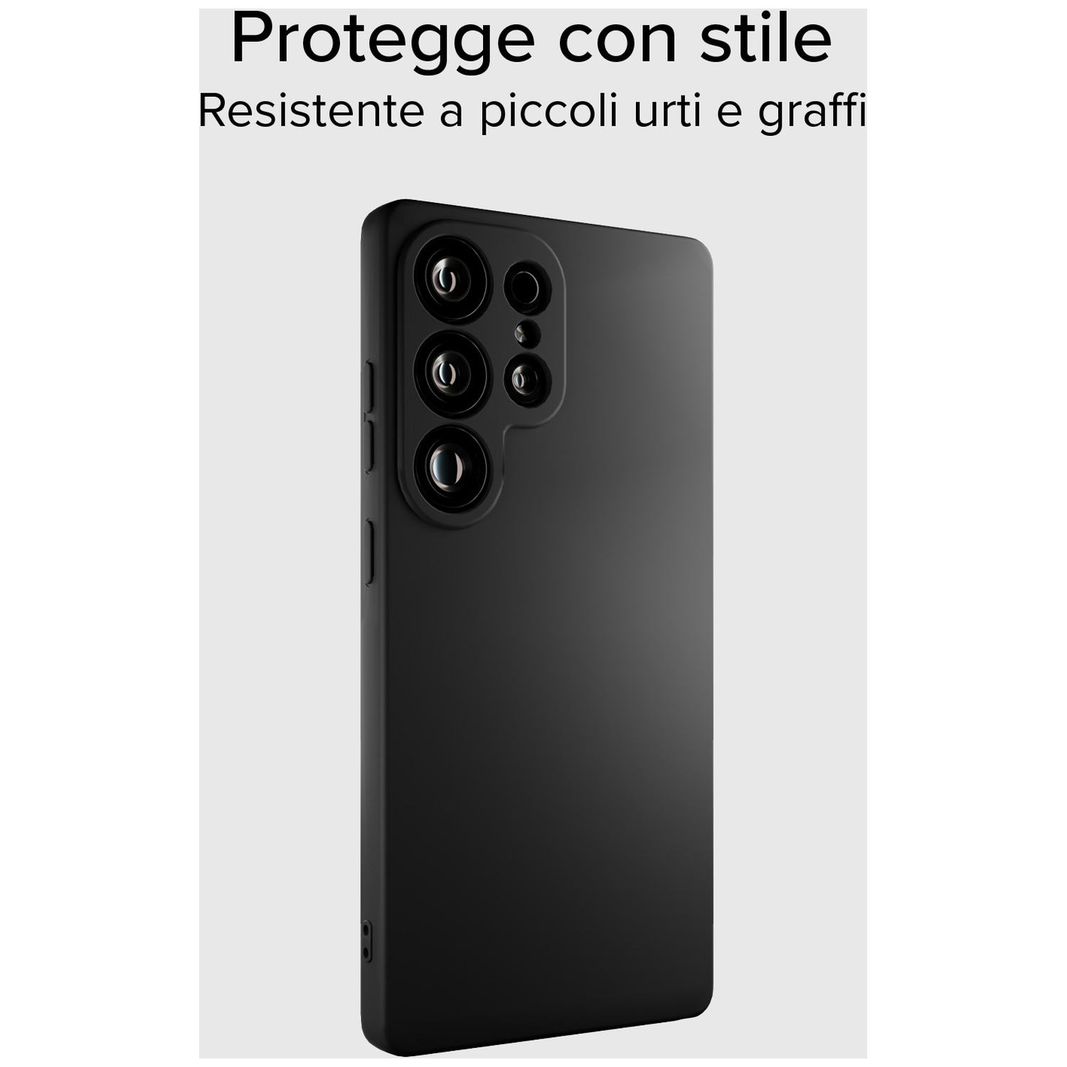 Een zwarte smartphonehoes met meerdere cameralenzen wordt weergegeven tegen een witte achtergrond, met Italiaanse tekst erboven.