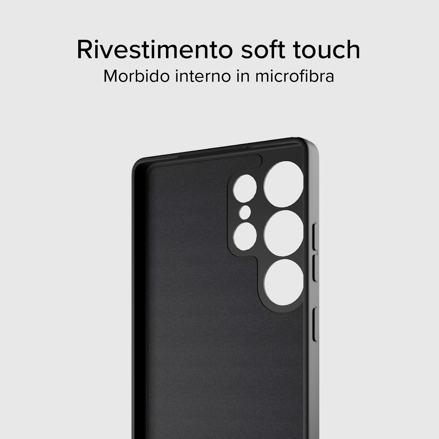Een zwarte telefoonhoes met soft touch en microvezel binnenkant. Opening voor cameralenzen zijn zichtbaar.