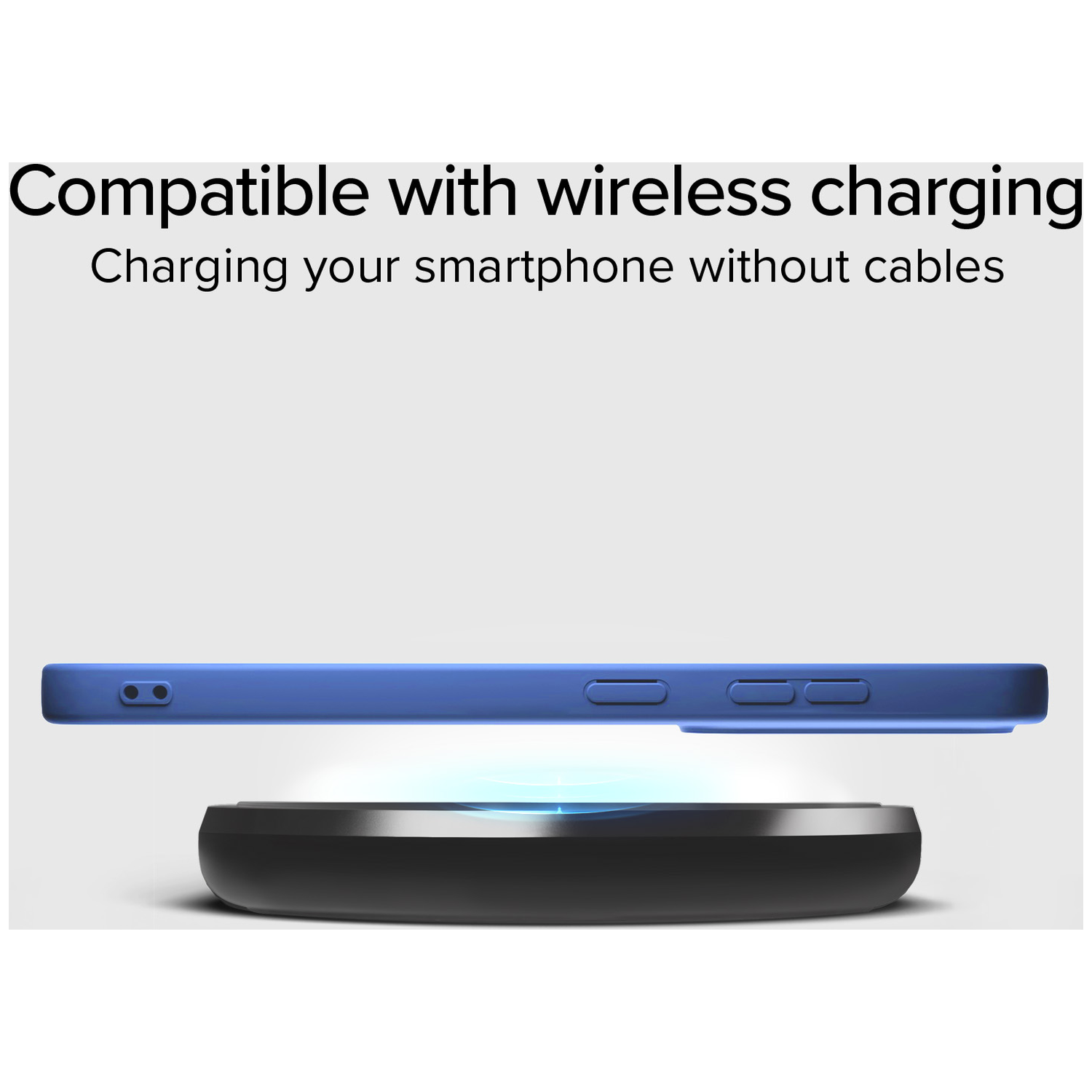 Een blauwe telefoonhoes ligt boven een draadloze oplader. De oplader is zwart. Tekst bovenaan: Compatibel met draadloos opladen.