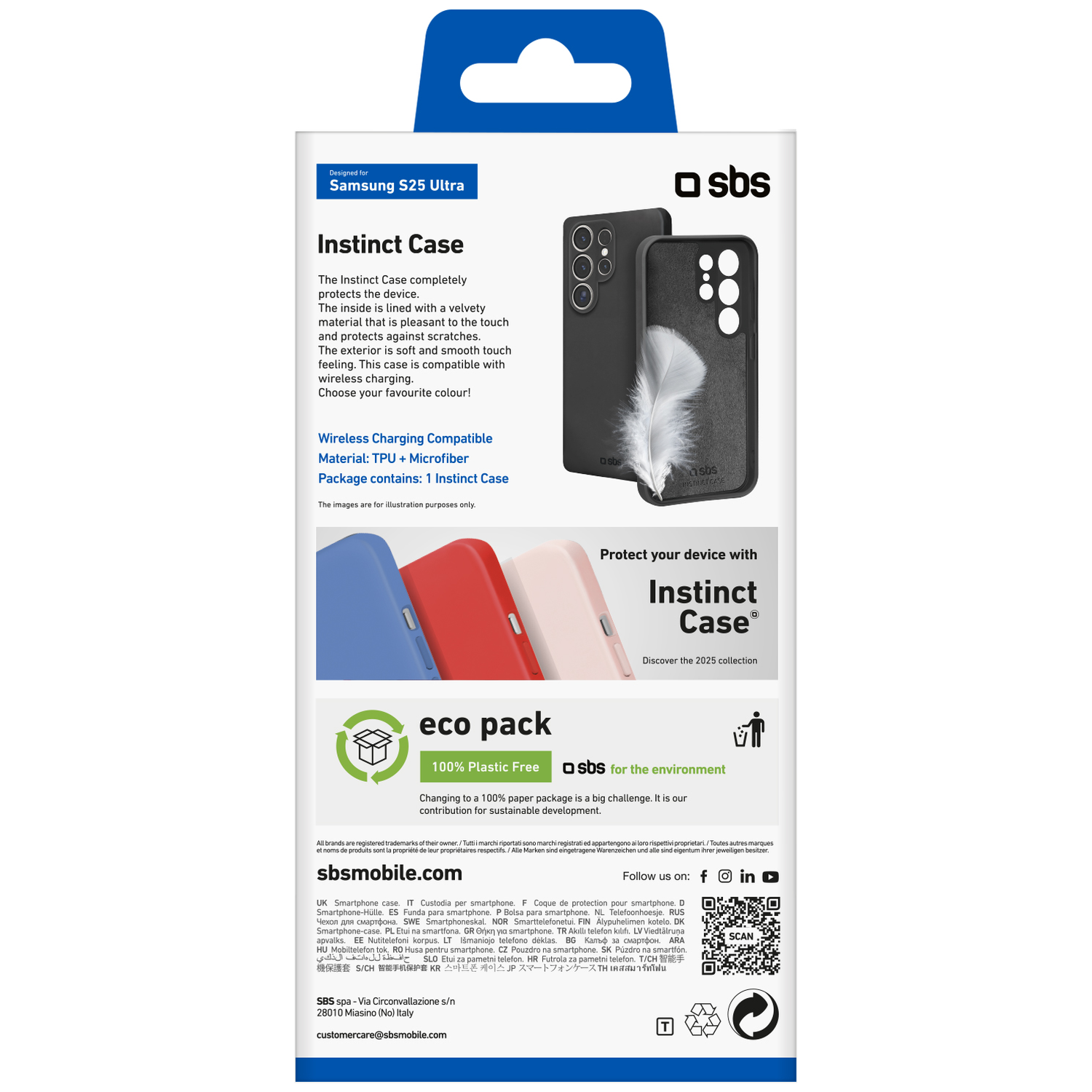 Een telefoonhoesjesdoos met een illustratie van een telefoonhoesje, productdetails en informatie over milieuvriendelijke verpakkingen.