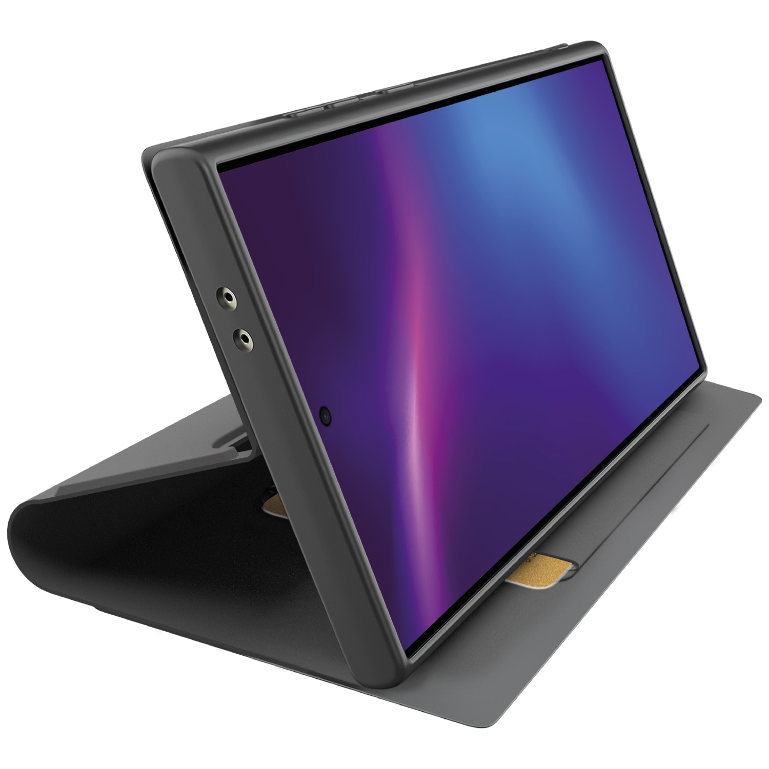 Tablet in a black case, open. Screen shows blue and purple gradient. Card in the case. Isolated on white background.
