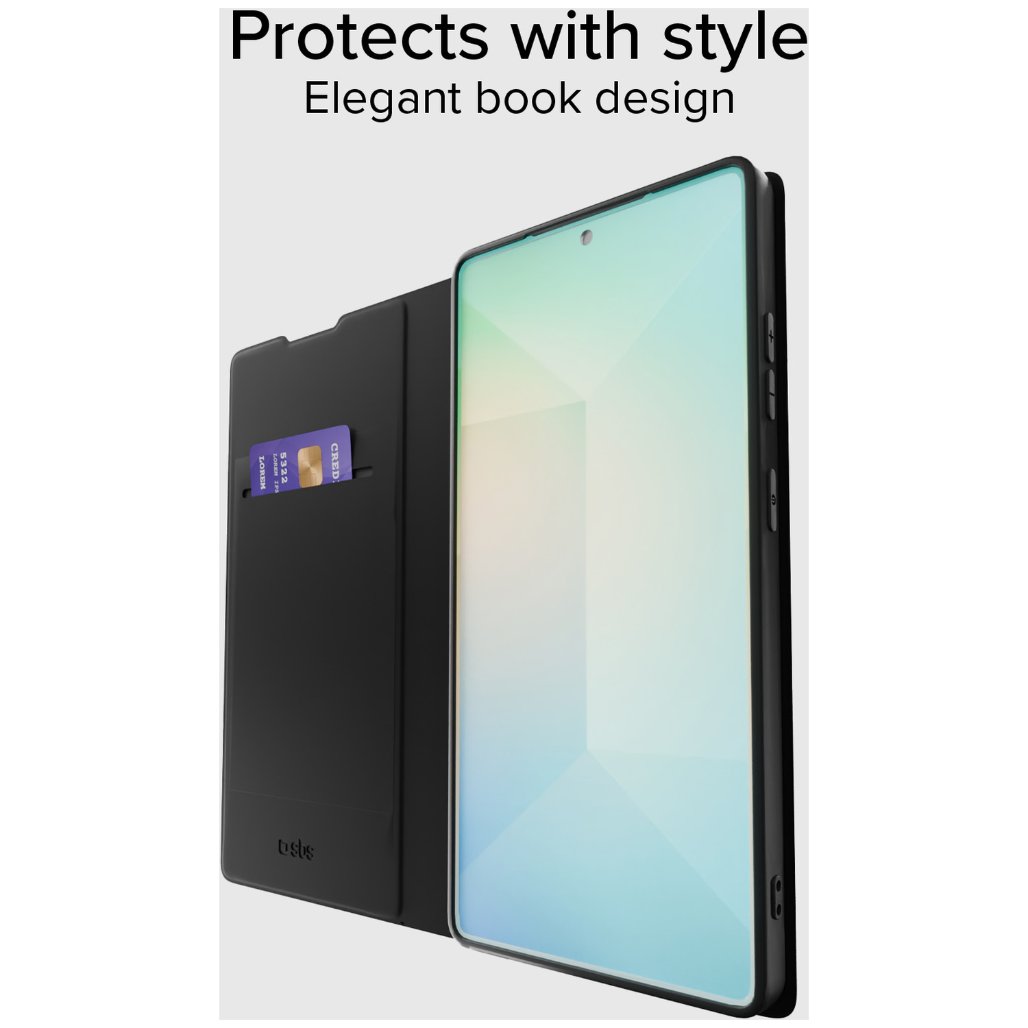 Black phone case with a credit card slot. A phone is inside the case. Text reads 'Protects with style Elegant book design'.