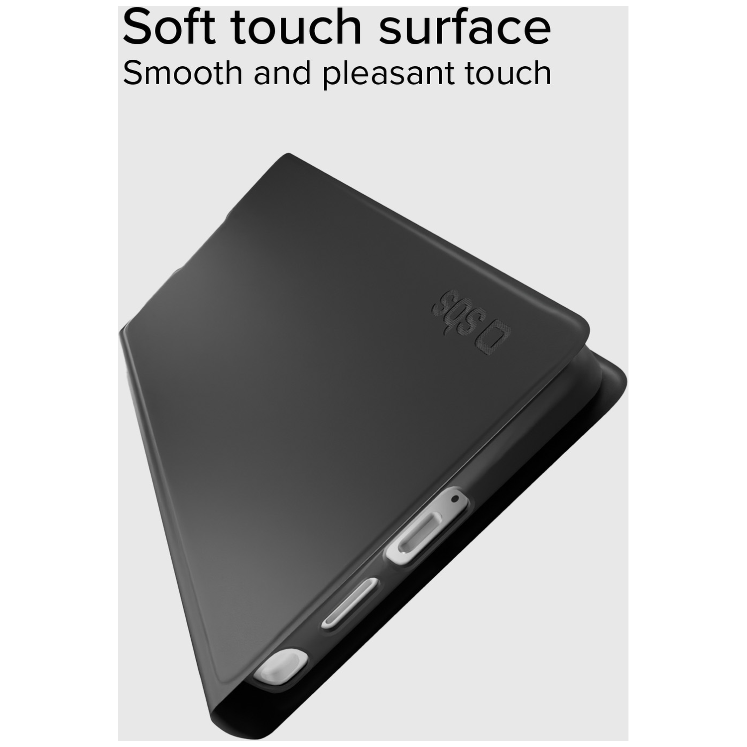 A black phone case with buttons and a logo, lying on a white surface. Text above says soft touch surface and smooth touch.