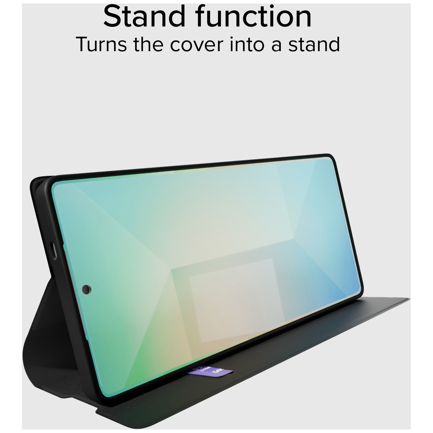 A black tablet case with the tablet inside, angled as a stand. Text reads 'Stand function, Turns the cover into a stand'.