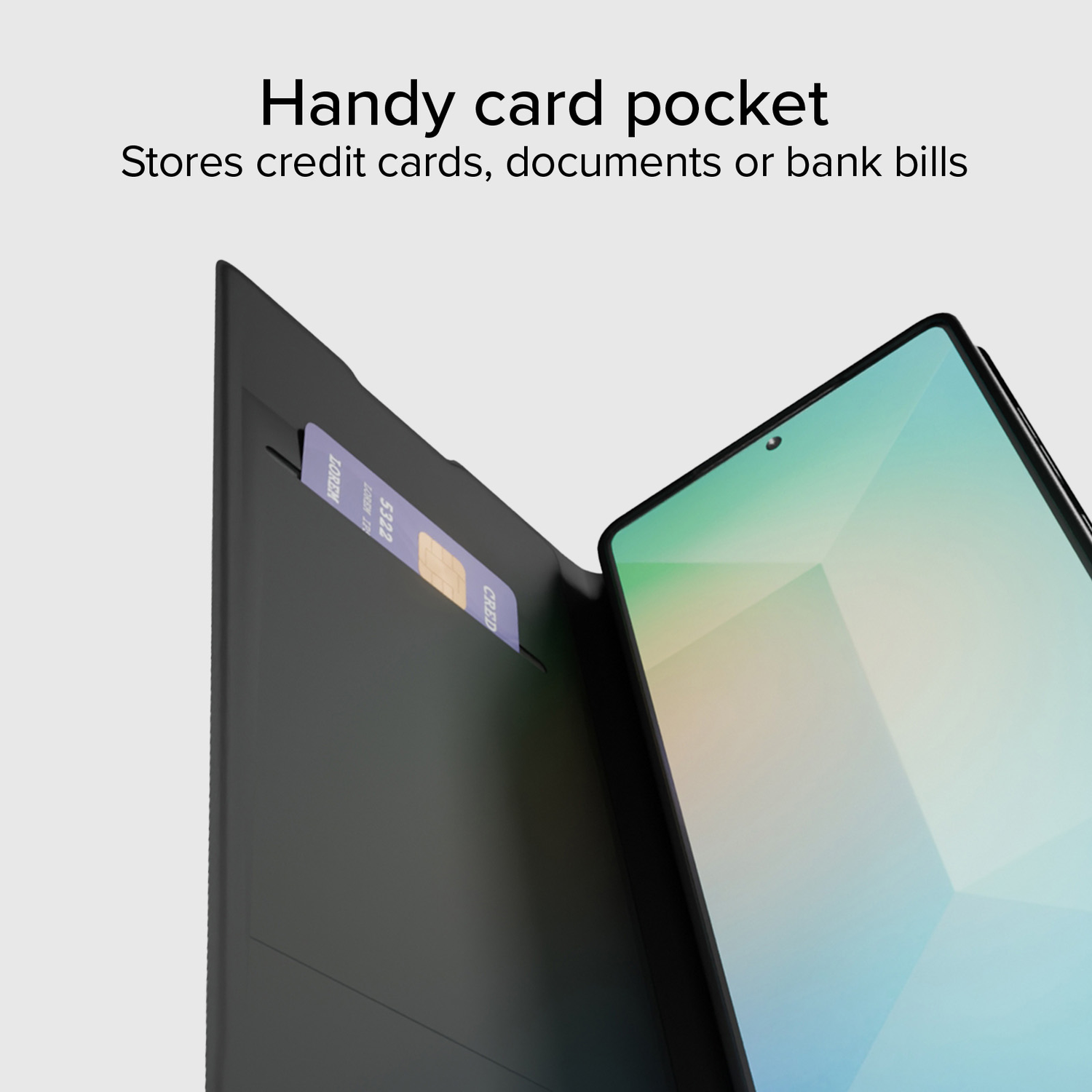 A black phone case with a credit card in the card pocket. A phone is visible. Text: Handy card pocket, stores credit cards.