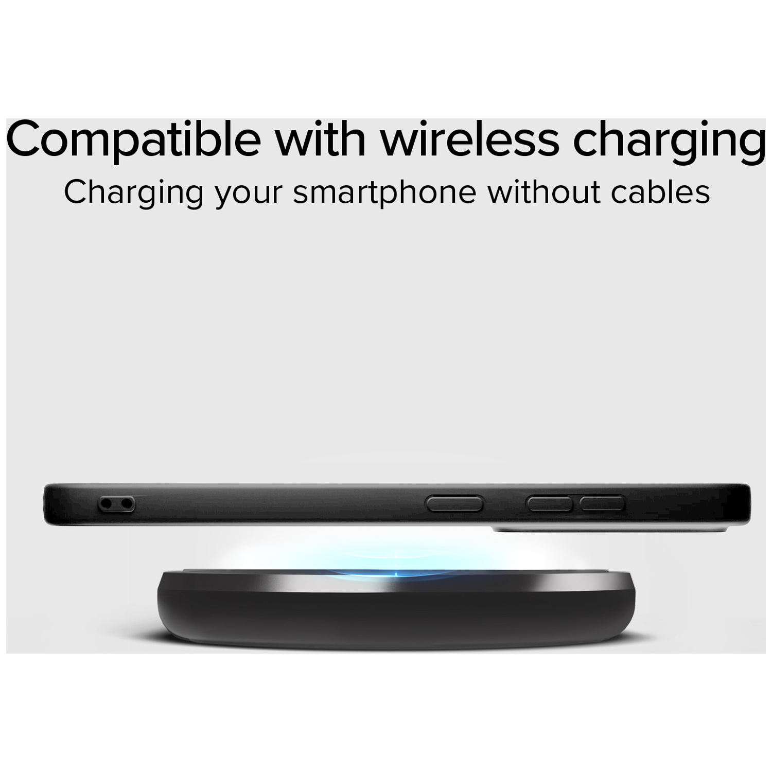A black smartphone is wirelessly charging on a black charging pad. The image has text: Compatible with wireless charging.