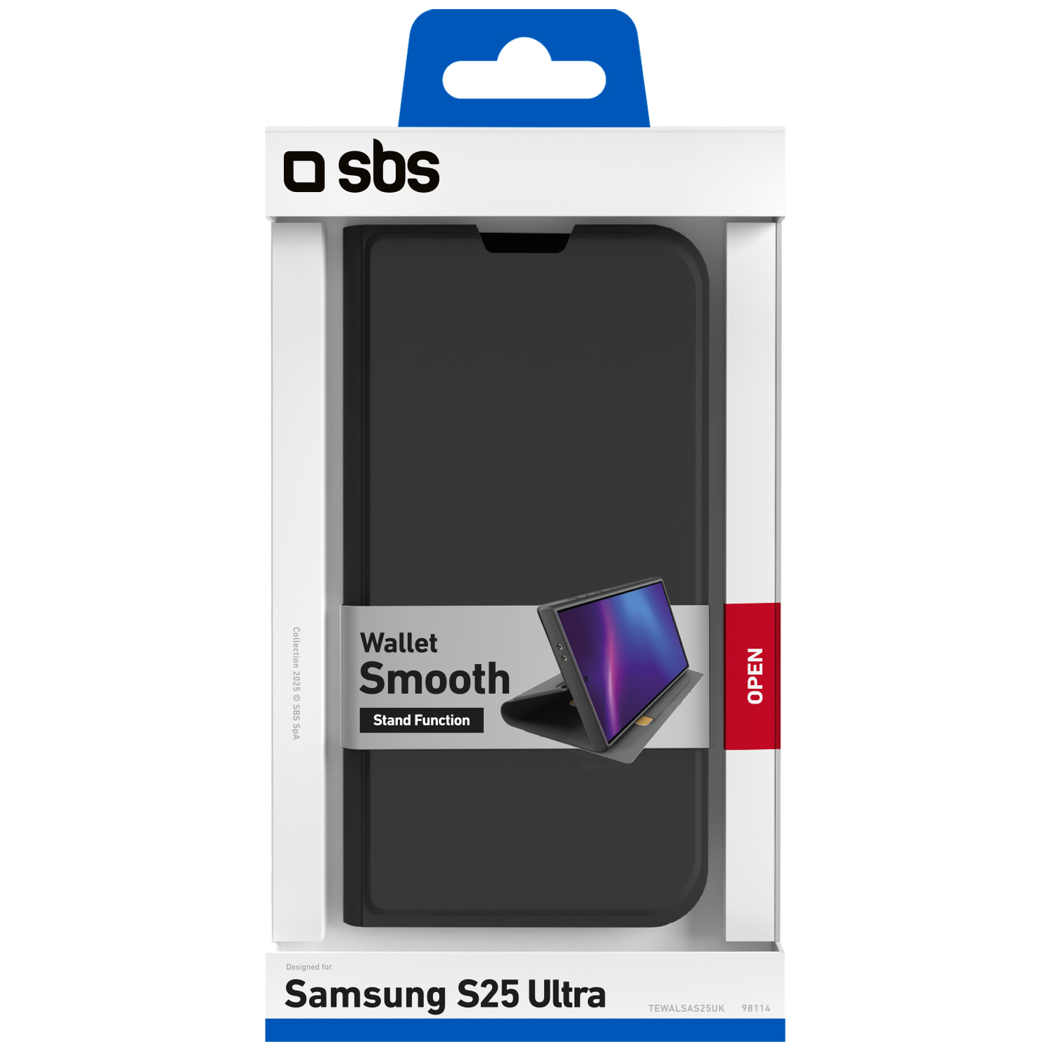 A black phone case in a white box. The box says 'Wallet Smooth' and 'Samsung S25 Ultra'. The phone case is open with a phone inside.
