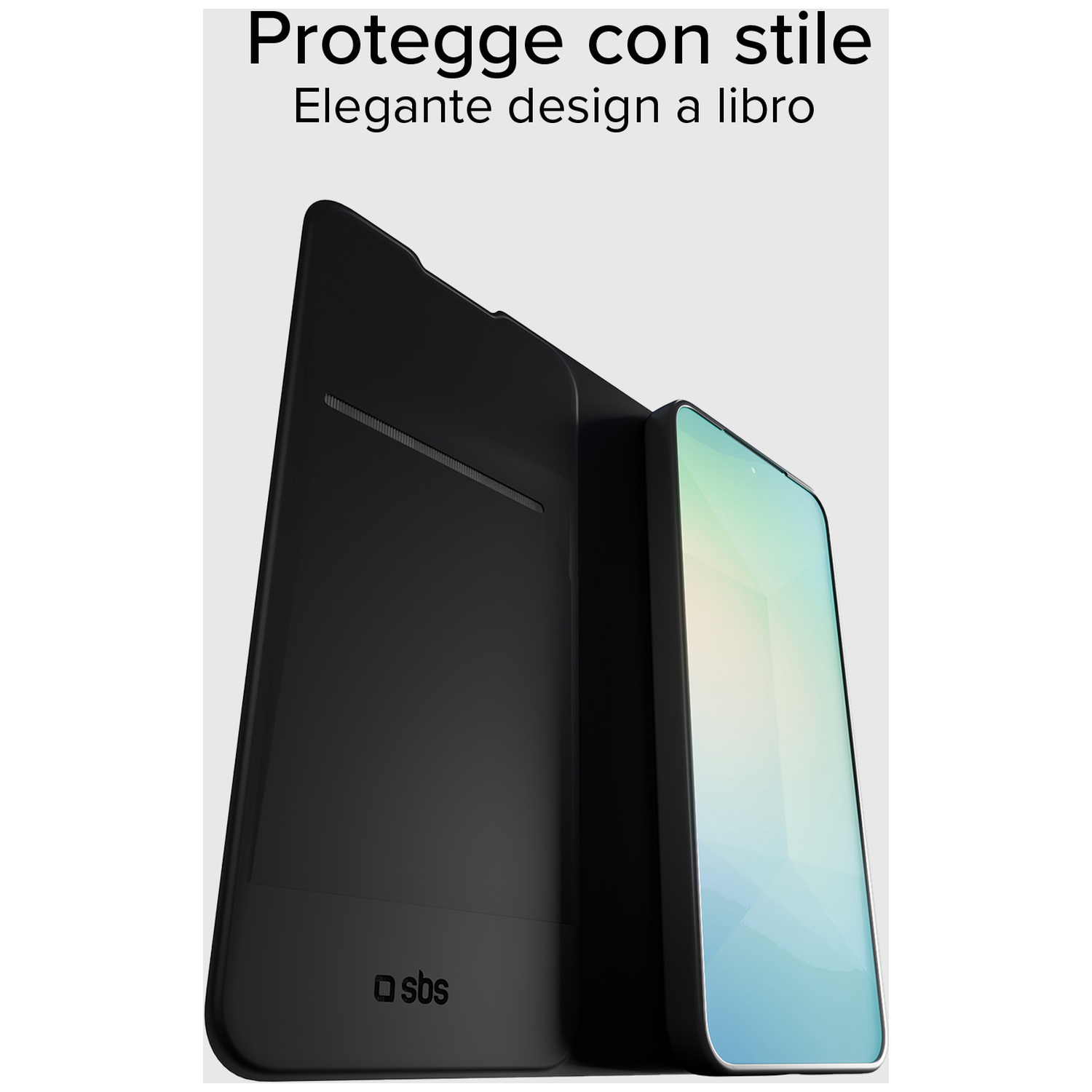Un étui de téléphone noir avec un téléphone ouvert à l'intérieur, le fond est blanc, le téléphone est bleu clair et vert.