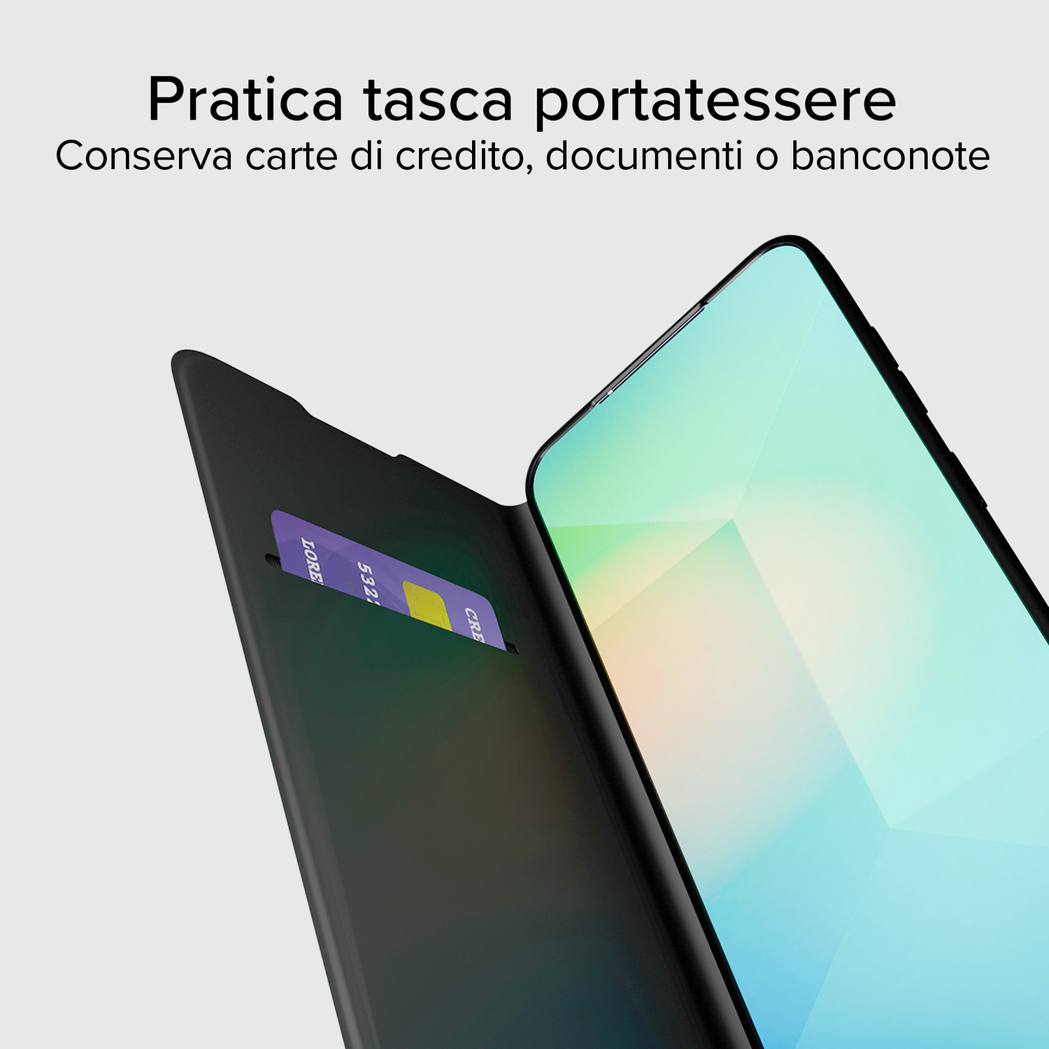 Un étui de téléphone noir avec une carte de crédit dans sa fente et un écran de téléphone avec un dégradé.