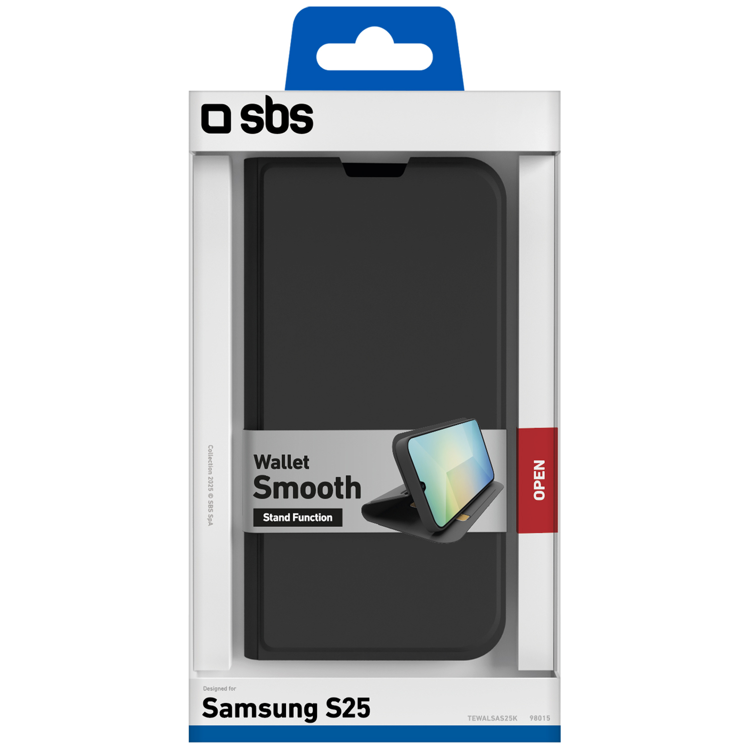 Un étui de téléphone pour Samsung S25 est présenté dans son emballage. L'étui est noir et étiqueté 'Wallet Smooth', avec un téléphone en support.