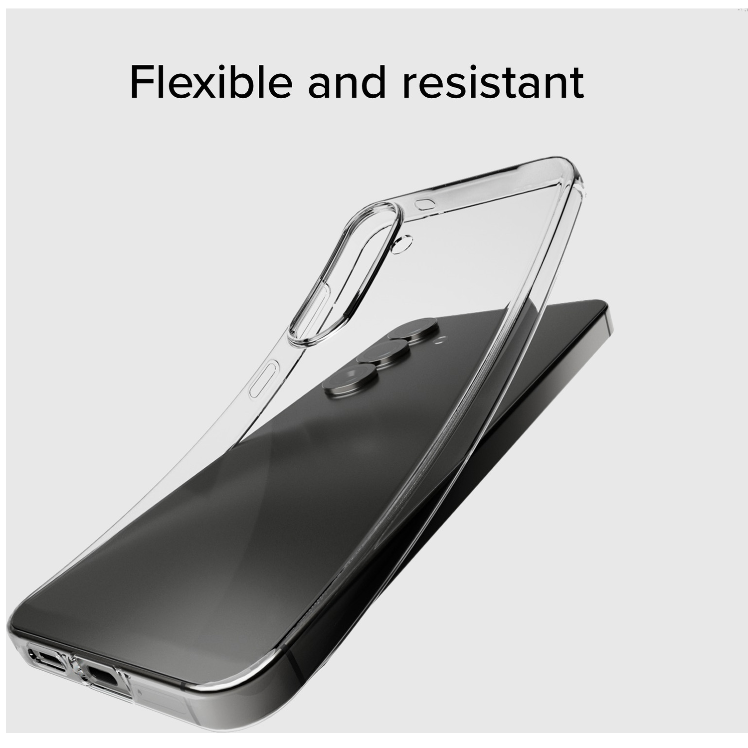Een doorzichtige telefoonhoes ligt over een zwarte telefoon. De hoes is iets opgetild. Boven staat 'Flexibel en resistent'.