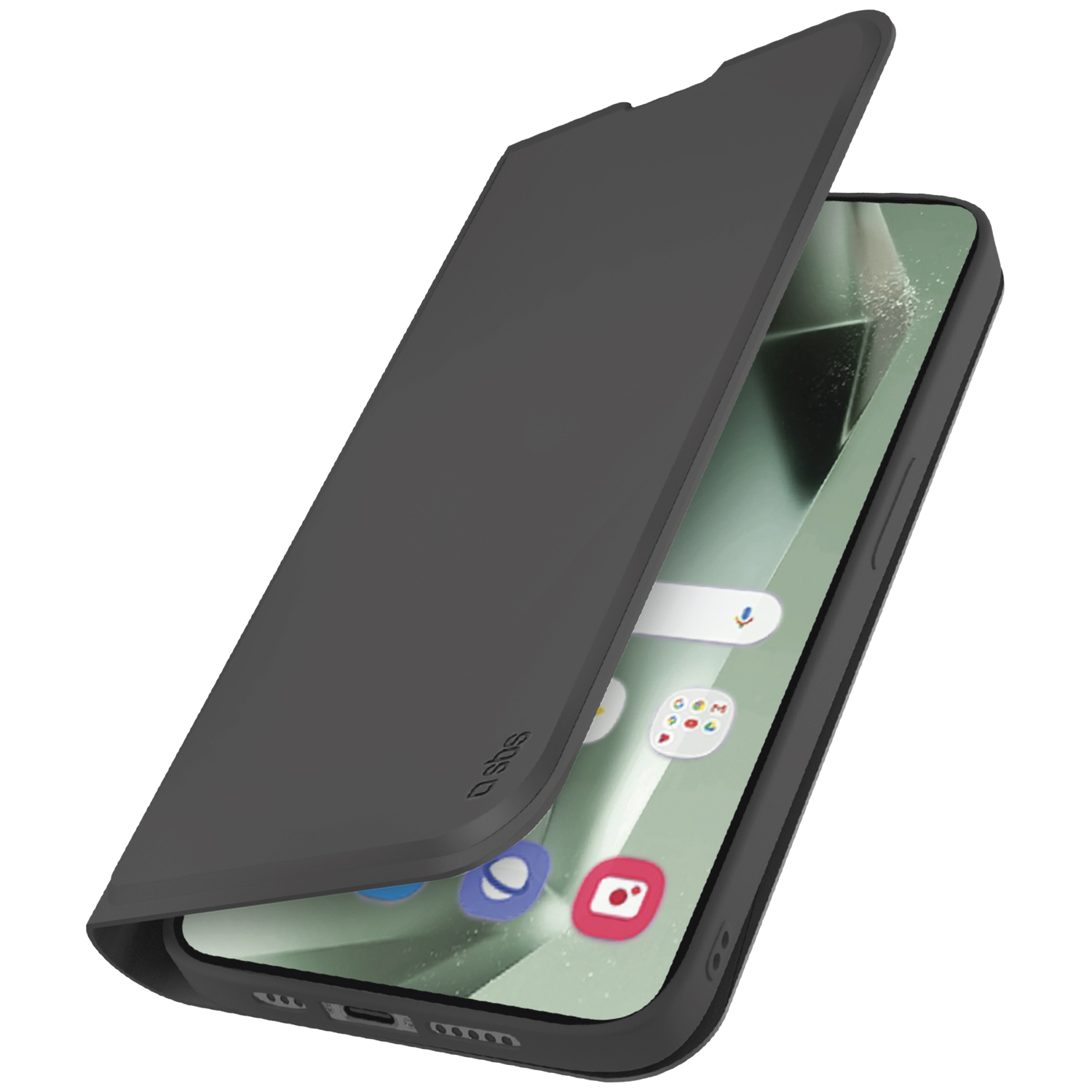 Een zwarte telefoonhoes met een flipcover is open, en toont een telefoonscherm met iconen. De hoes staat schuin.