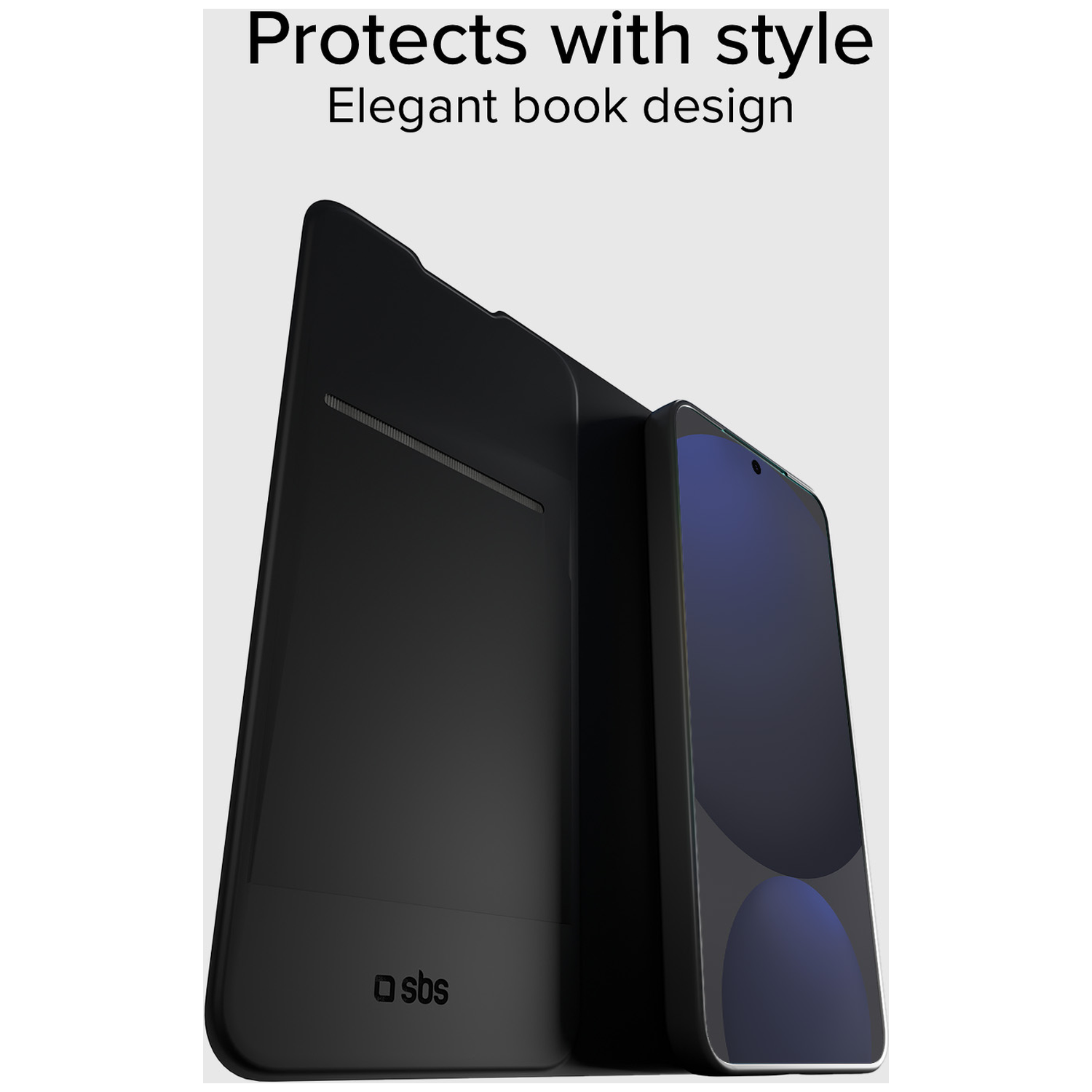 Een zwarte telefoonhoes met een telefoon erin. De hoes is open en toont het scherm van de telefoon. Tekst 'Protects with style'.