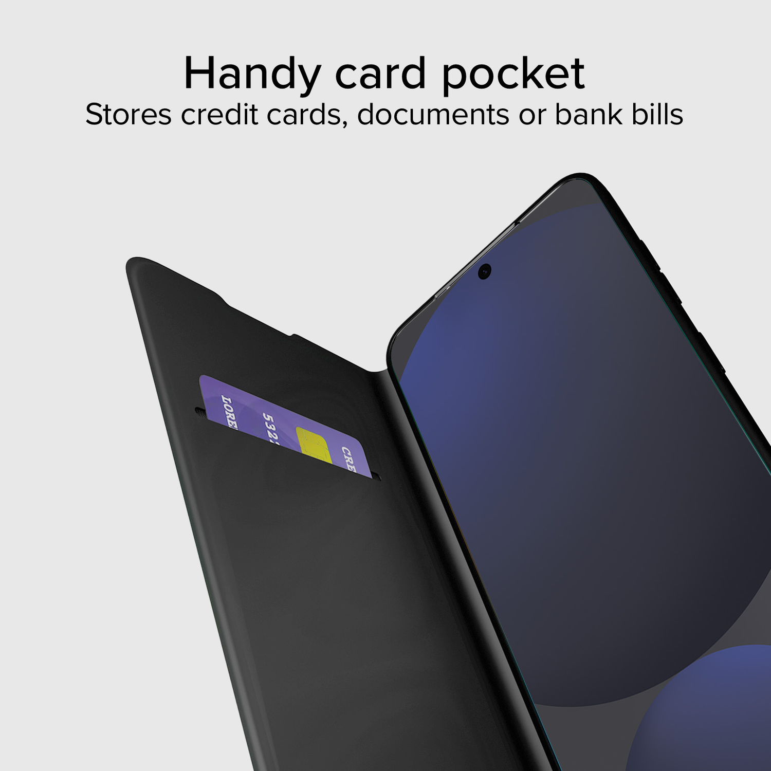 Zwarte telefoonhoes met een kaartzakje met een paarse en gele creditcard. Een telefoonscherm is zichtbaar.
