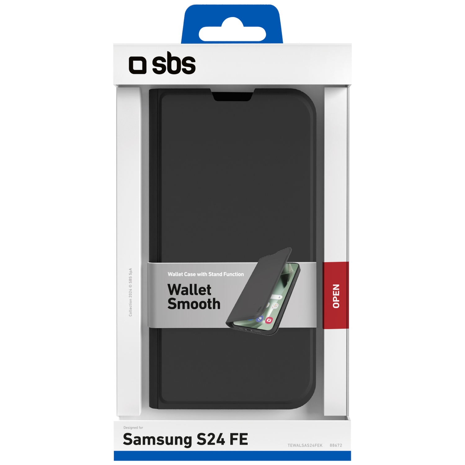 Een zwarte telefoonhoes voor Samsung S24 FE in de verpakking. De open verpakking toont de telefoon in de hoes.
