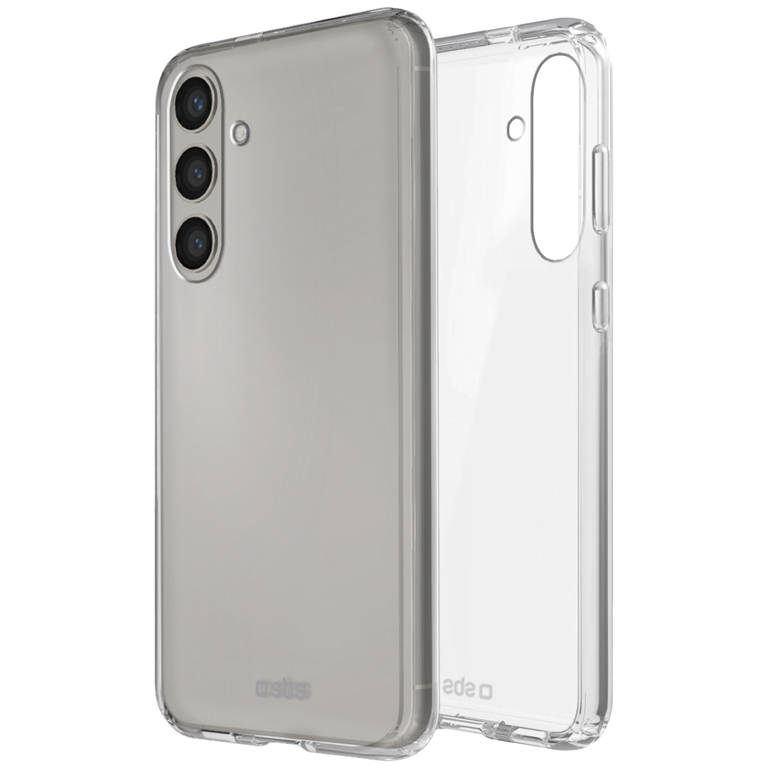 Transparante telefoonhoes, met de achterkant van de telefoon en de zijkant van de hoes. De hoes heeft drie cameragaten.