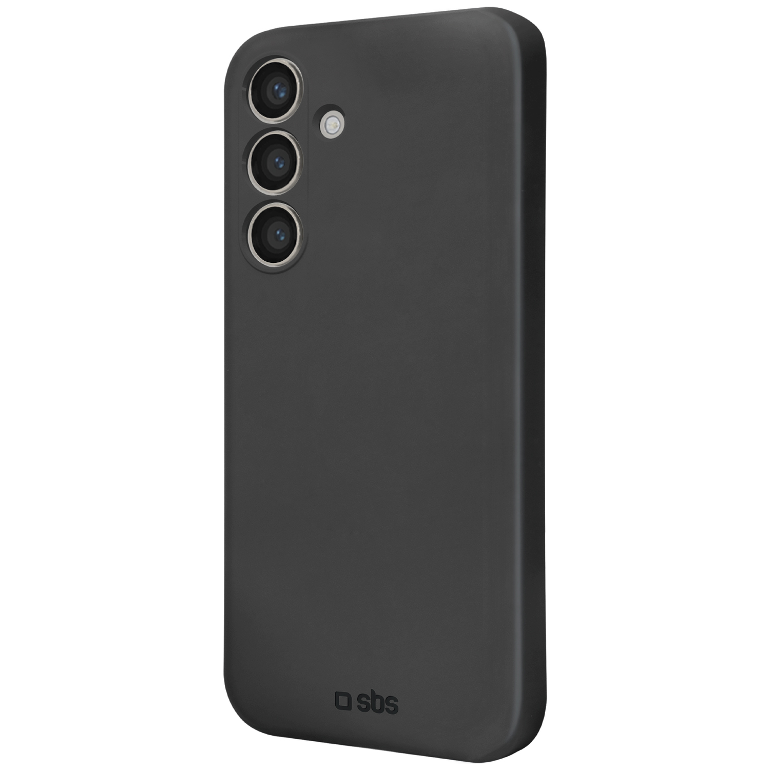 Een zwarte smartphone met drie camera's en een flitser. De telefoon heeft een zwarte hoes met het SBS-logo onderaan.