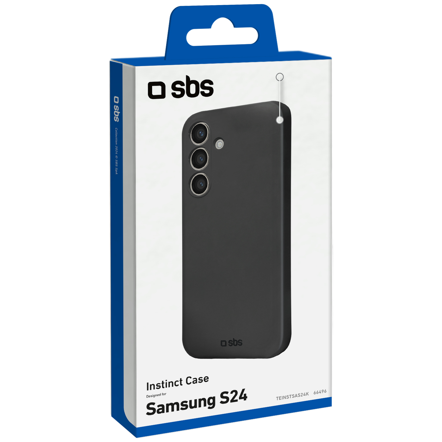 Een zwarte telefoonhoes voor een Samsung S24 in een doos. De doos is wit en blauw, met het SBS-logo.