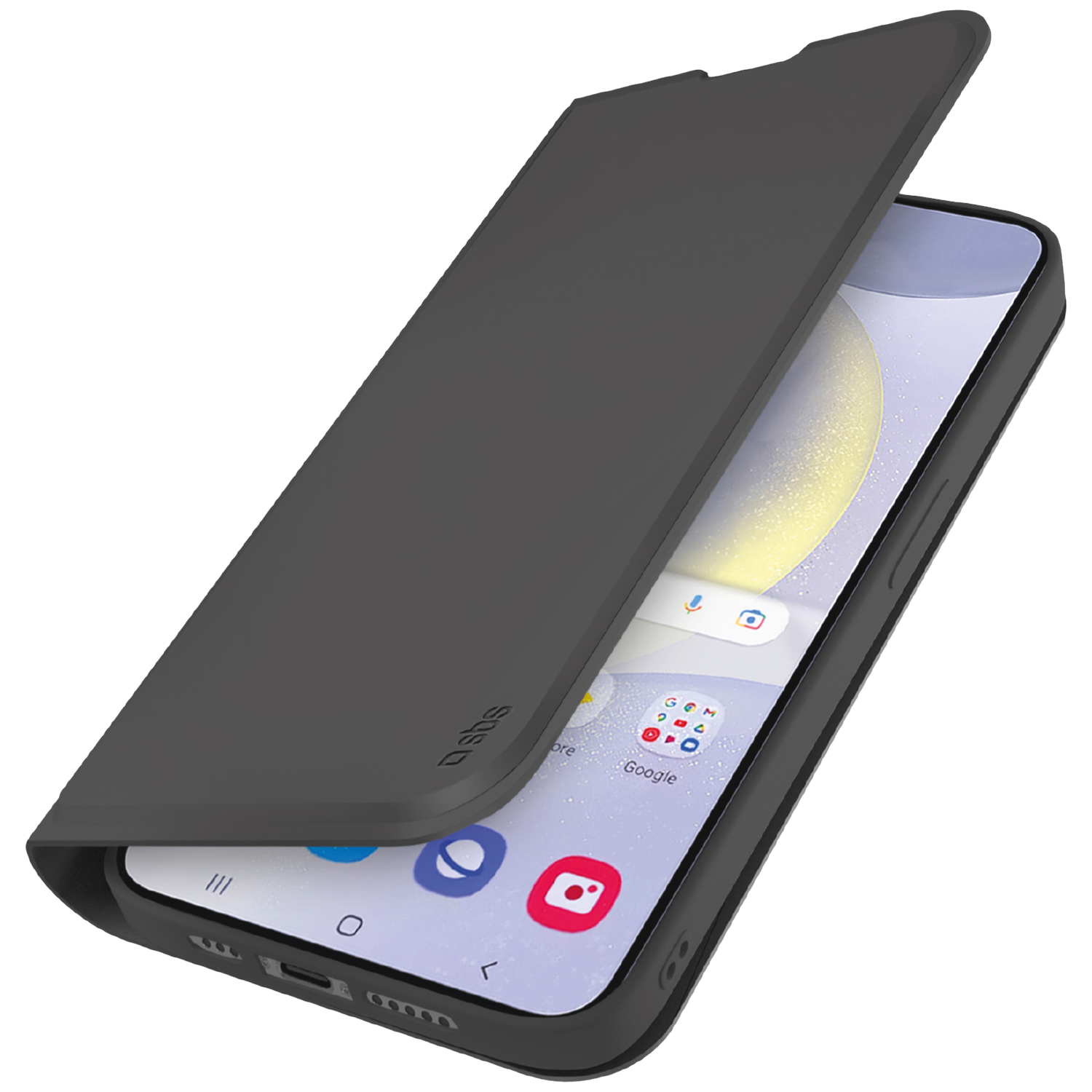Een donkergrijze telefoonhoes is open en onthult het telefoonscherm. De telefoon geeft app-pictogrammen en een lichtgekleurde achtergrond weer.