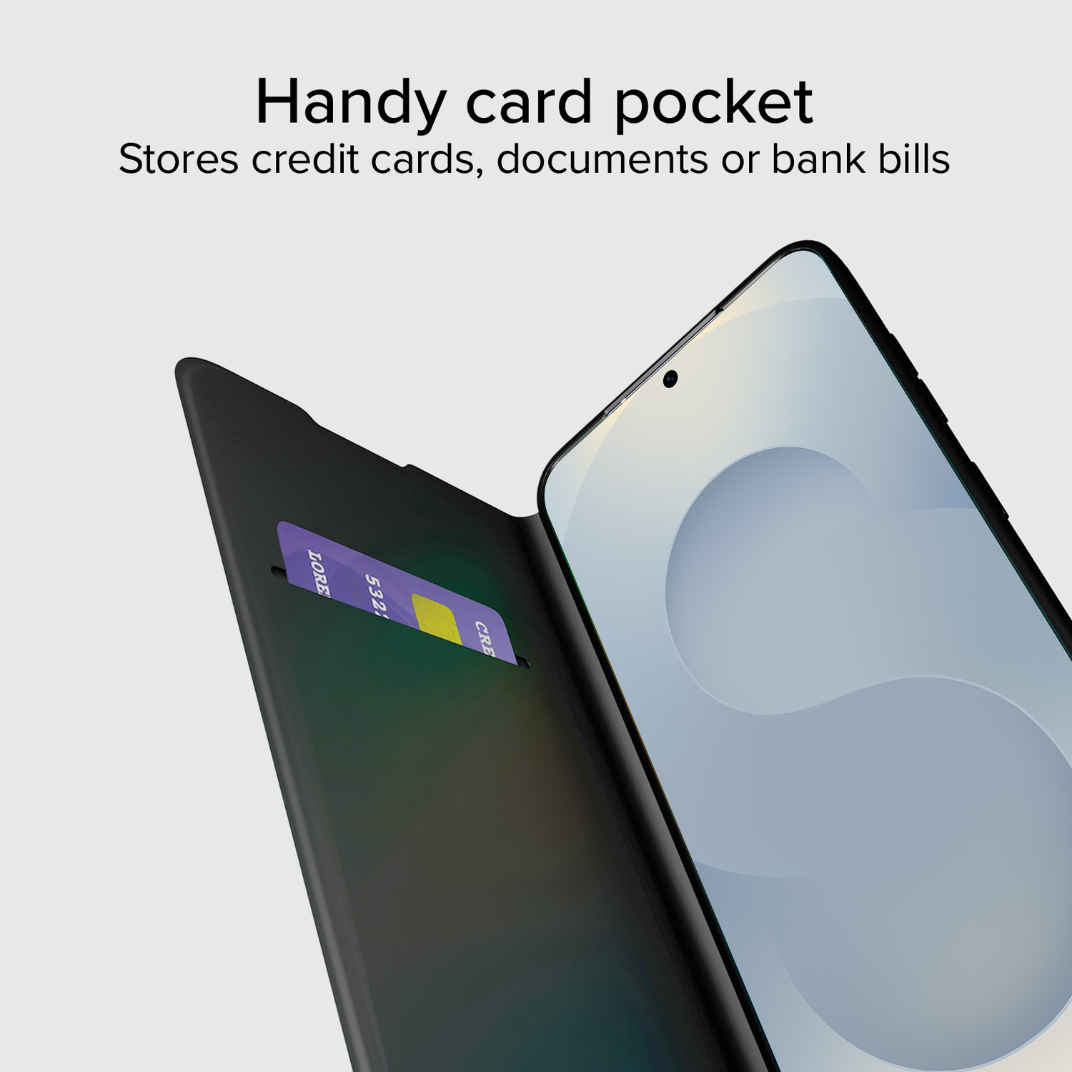 Een telefoonhoesje met een creditcard in de zak. Het telefoonscherm is zichtbaar, samen met de tekst: Handig kaartvak.
