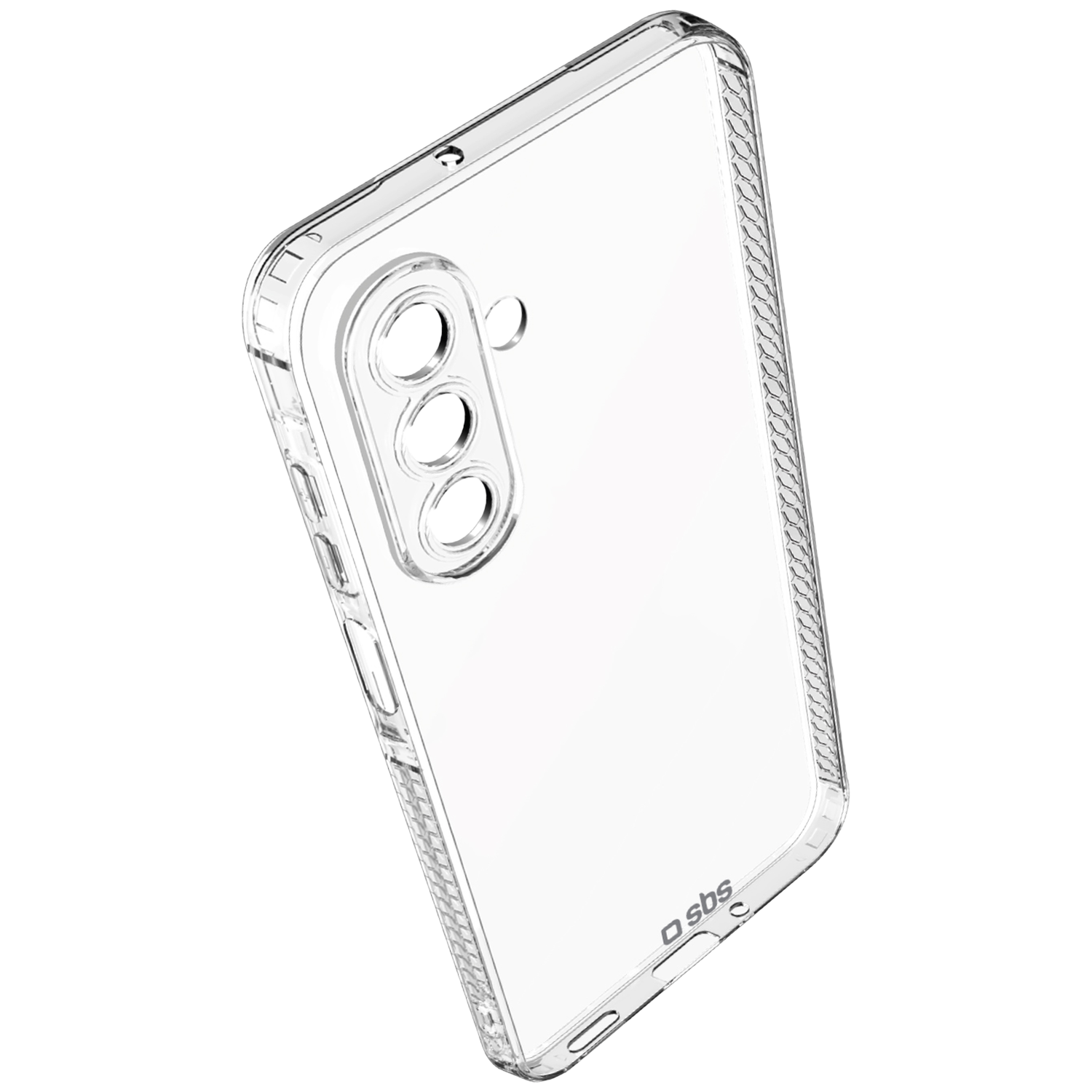 Een doorzichtige telefoonhoes met drie cameralenzen. De hoes is transparant en heeft een getextureerde rand. Het merk 'sbs' is zichtbaar.