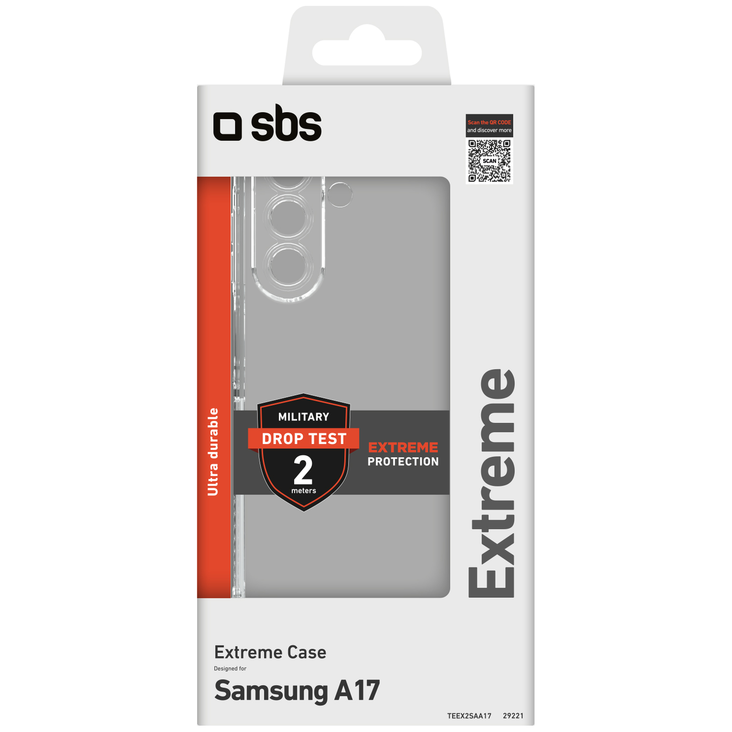 Een telefoonhoesjesverpakking. Er staat 'sbs', 'Extreme' en 'Samsung A17'. Het heeft een doorzichtige telefoonhoes en beweert 'Military Drop Test'.