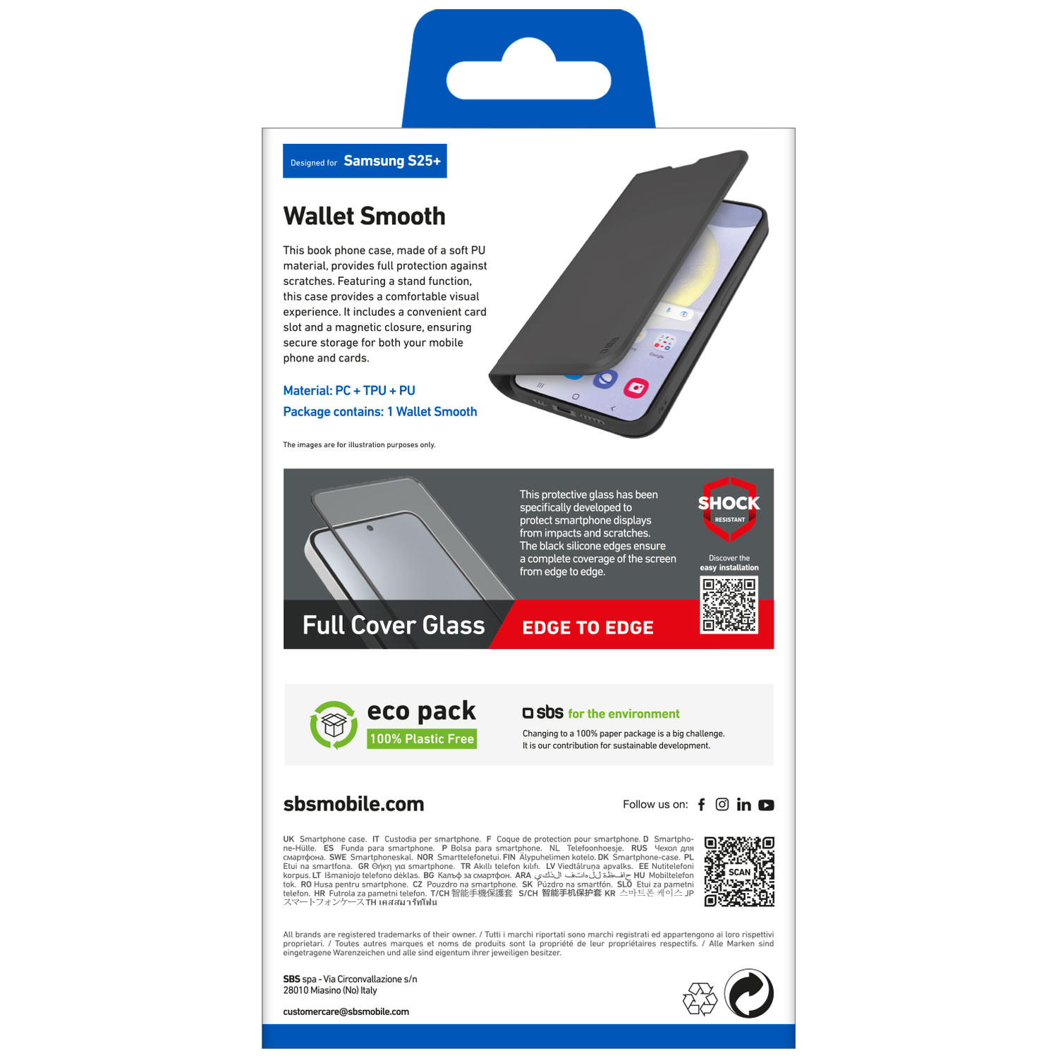 Zwarte telefoonhoes voor Samsung S25+, met telefoon erin. Verpakking bevat tekst en logo's.