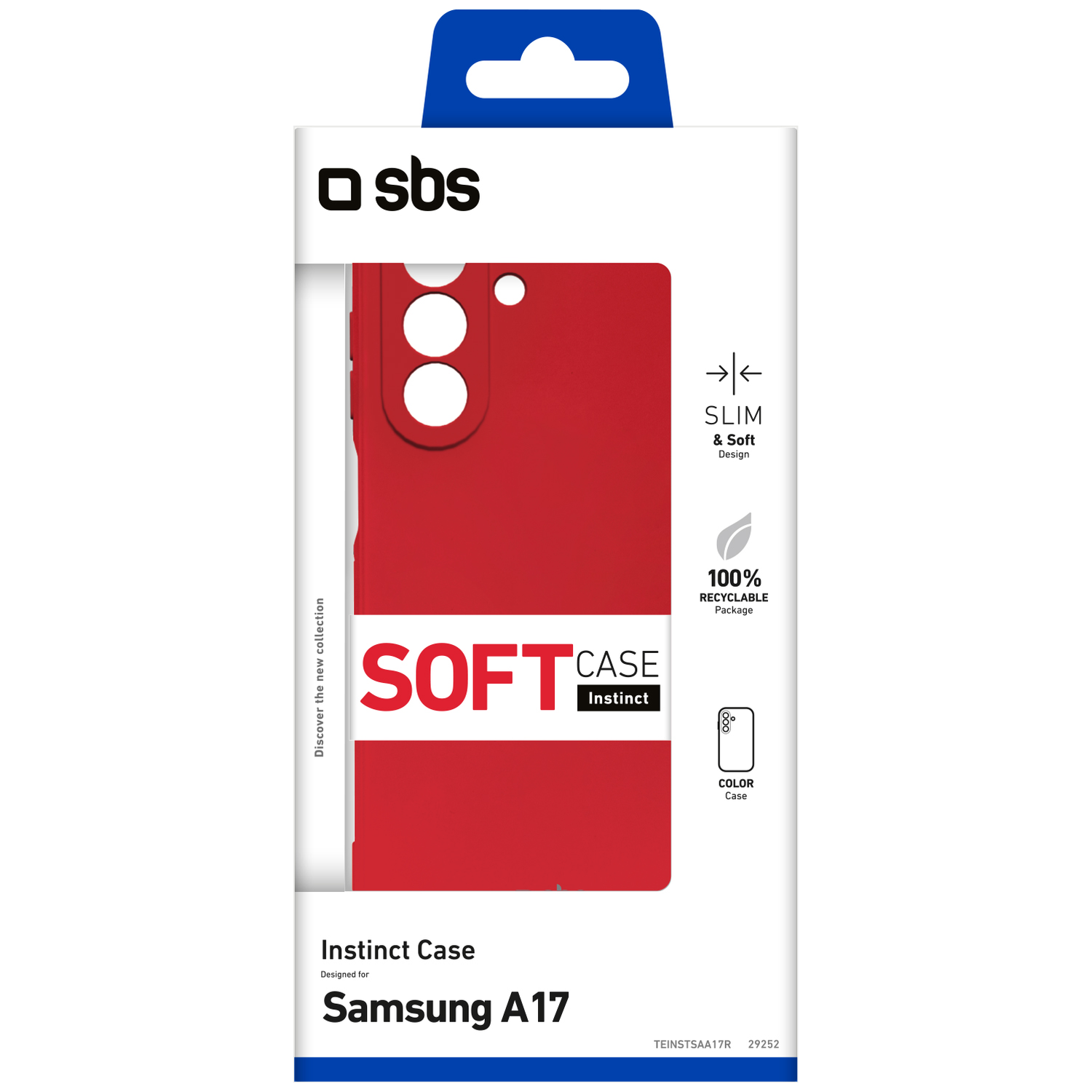 Une coque rouge pour Samsung A17 dans un emballage blanc et bleu. Comprend 'SOFT CASE', 'SLIM & Soft Design' et '100% recyclable'.