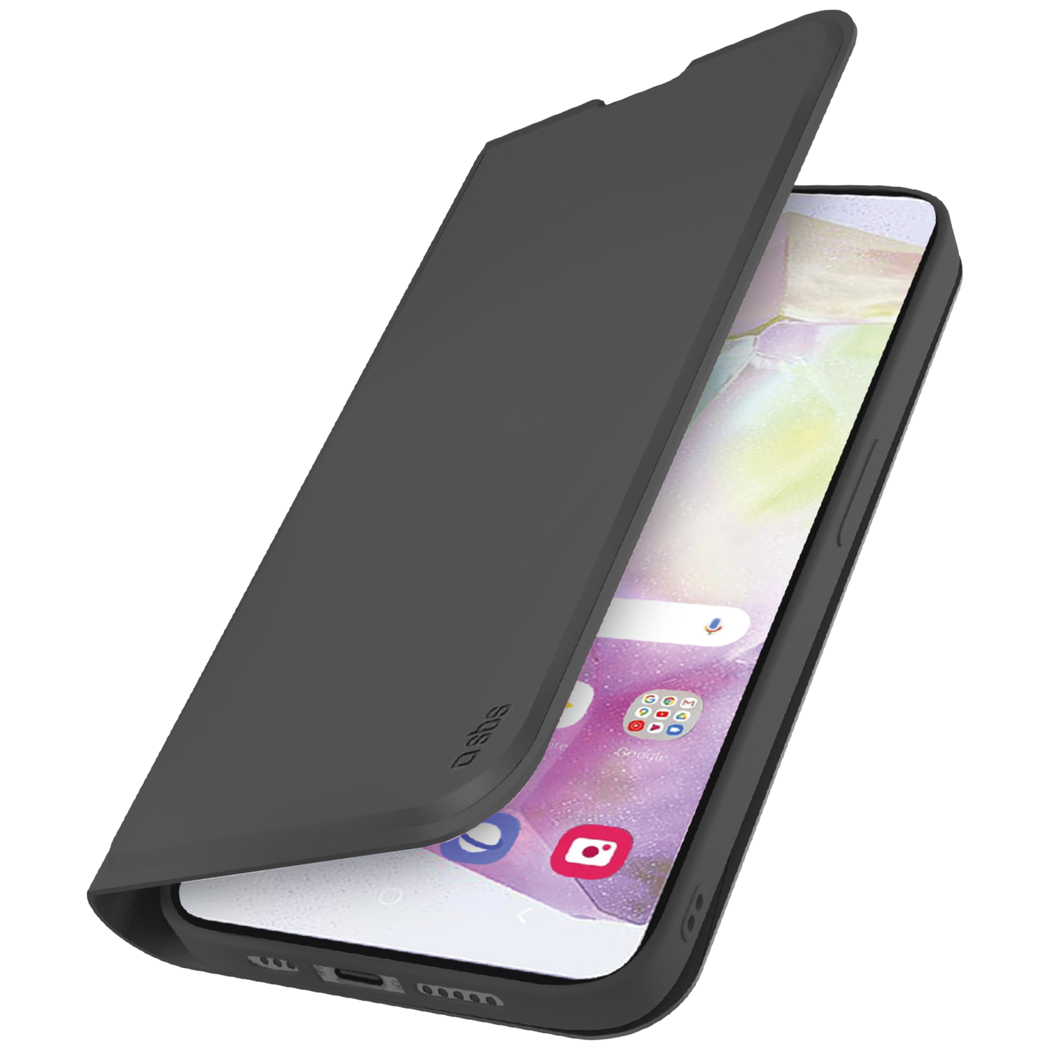 Un étui de téléphone noir est partiellement ouvert, révélant un écran de smartphone avec des applications visibles. L'étui porte le logo 'sbs'.