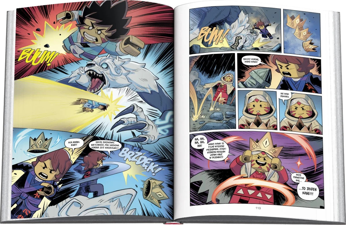 Rozkładówka komiksu przedstawia bitwę z postaciami używającymi mocy. Widoczne są dymki z tekstem i efekty dźwiękowe.
