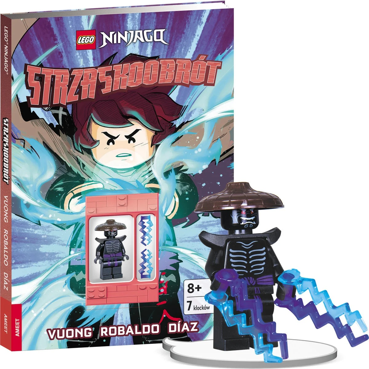 Zestaw Lego Ninjago z książką, minifigurką z kapeluszem i błyskawicami oraz stojakiem ekspozycyjnym.