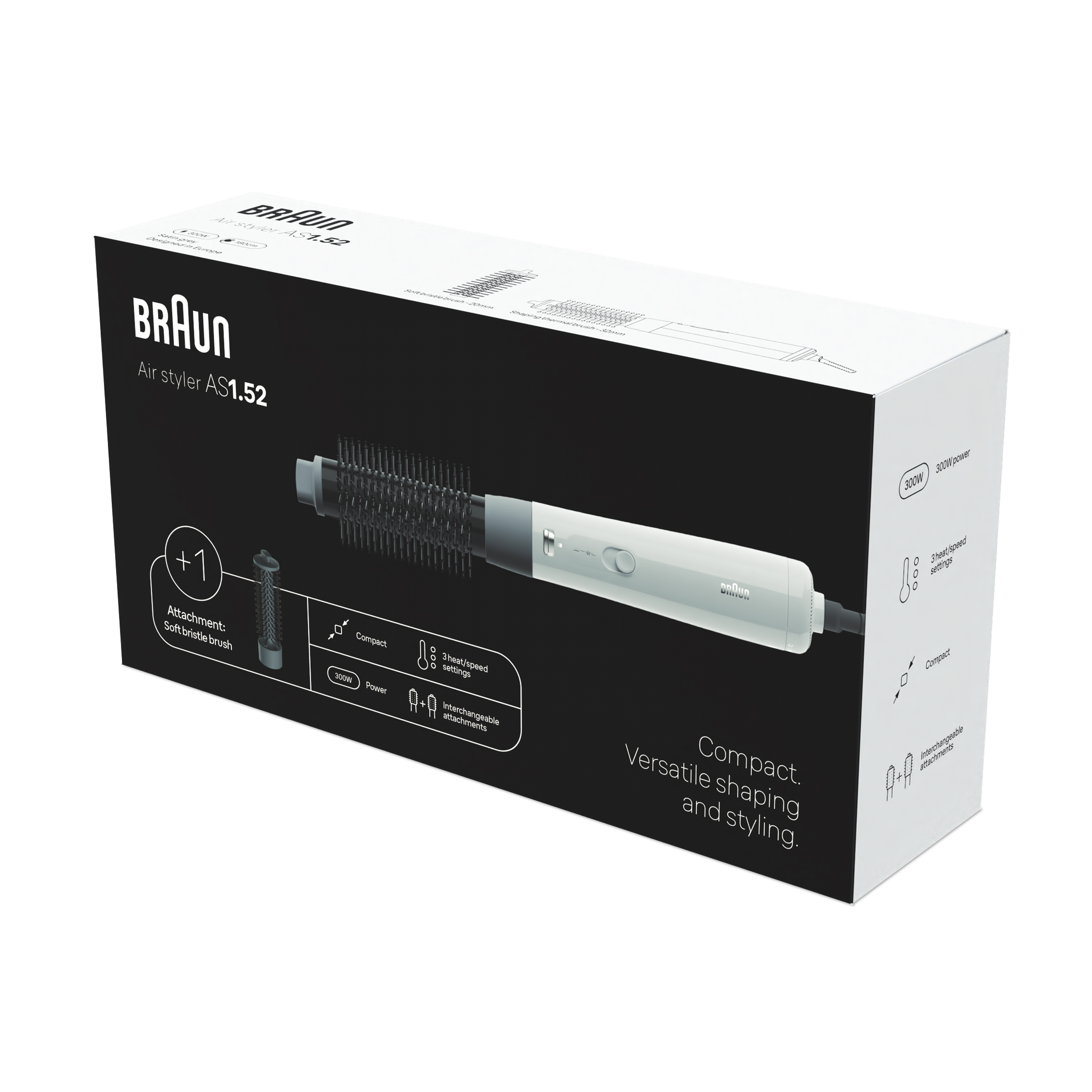Braun Air styler AS1.52 kutusu, görünen bir saç şekillendirici ile. Aksesuarlar, 300W güç ve kompakt tasarım içerir.