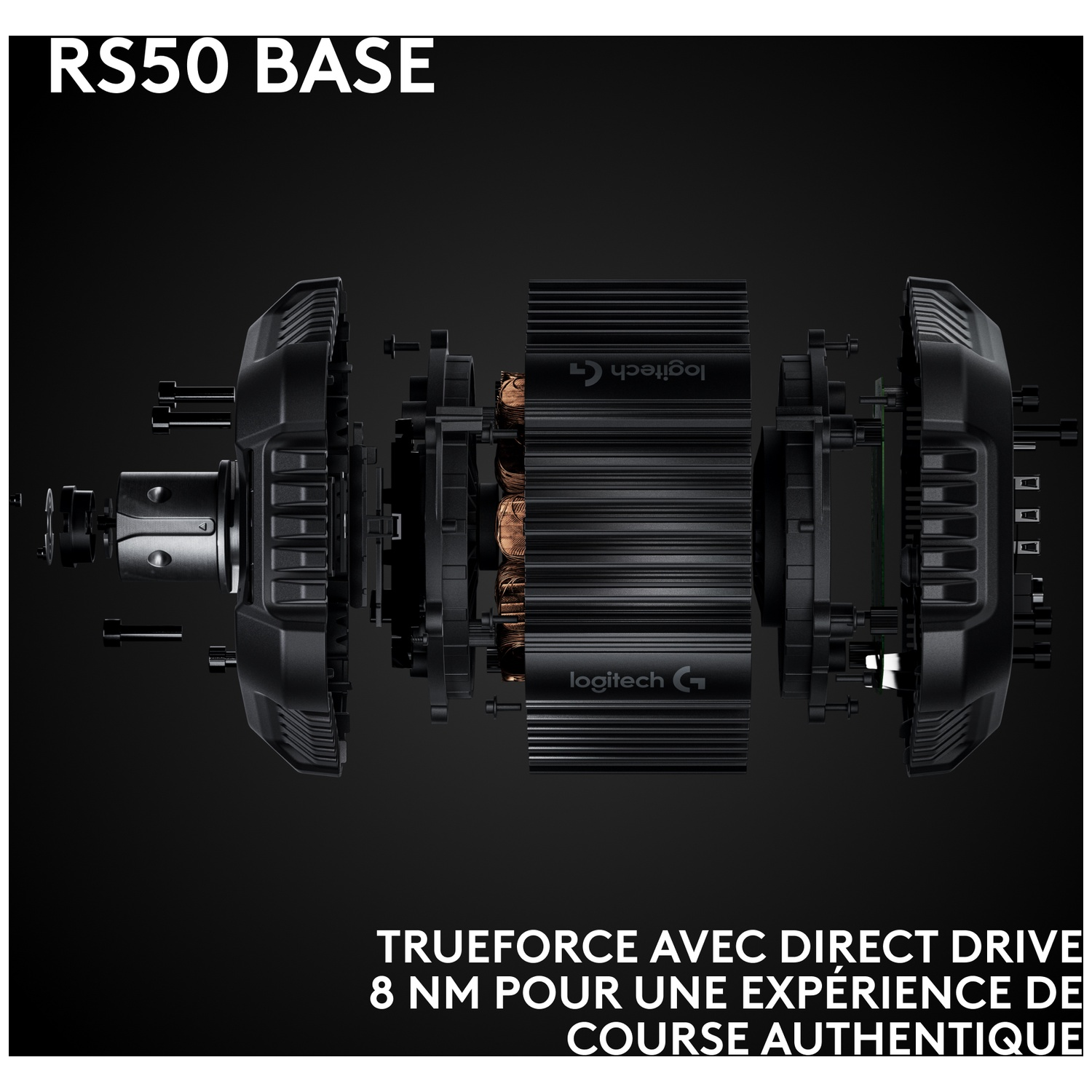 Vue éclatée d'une base de volant de course Logitech noire. Le texte indique RS50 BASE, TRUEFORCE et 8 NM. Logos visibles.