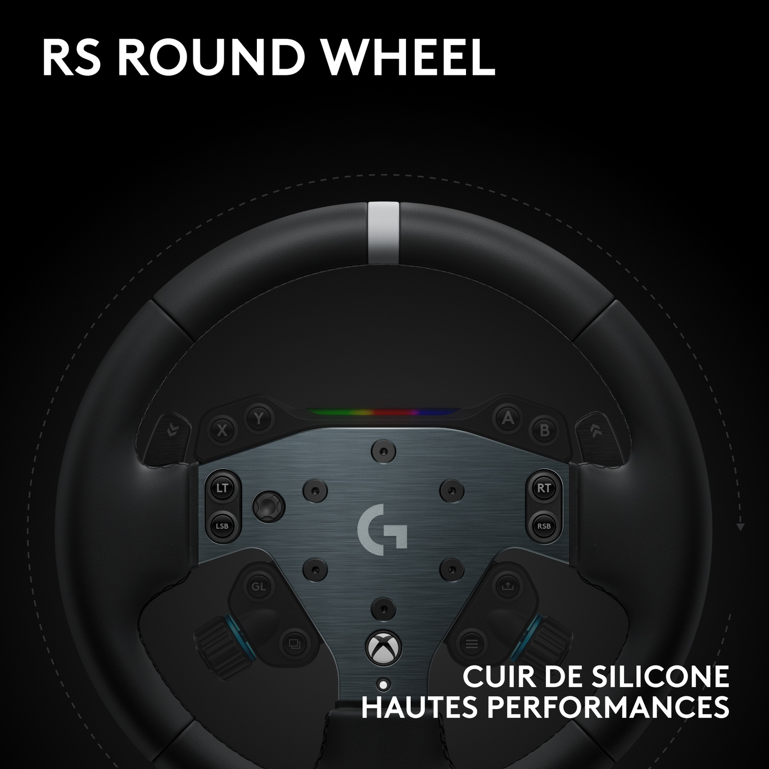 Un volant noir avec des boutons et un panneau central. Le texte indique 'RS ROUND WHEEL' et 'CUIR DE SILICONE HAUTES PERFORMANCES'.