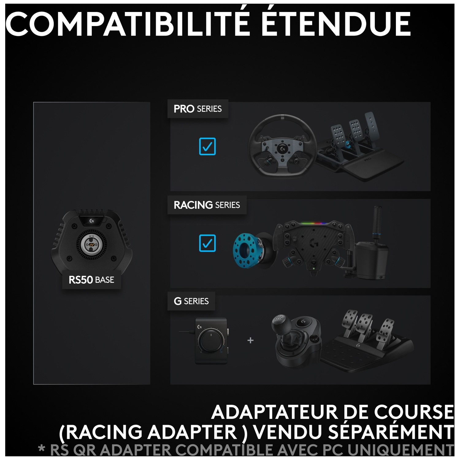 L'image présente des composants de volant de course : volants, pédales et leviers de vitesses. Le texte indique la compatibilité avec différentes séries et adaptateurs.