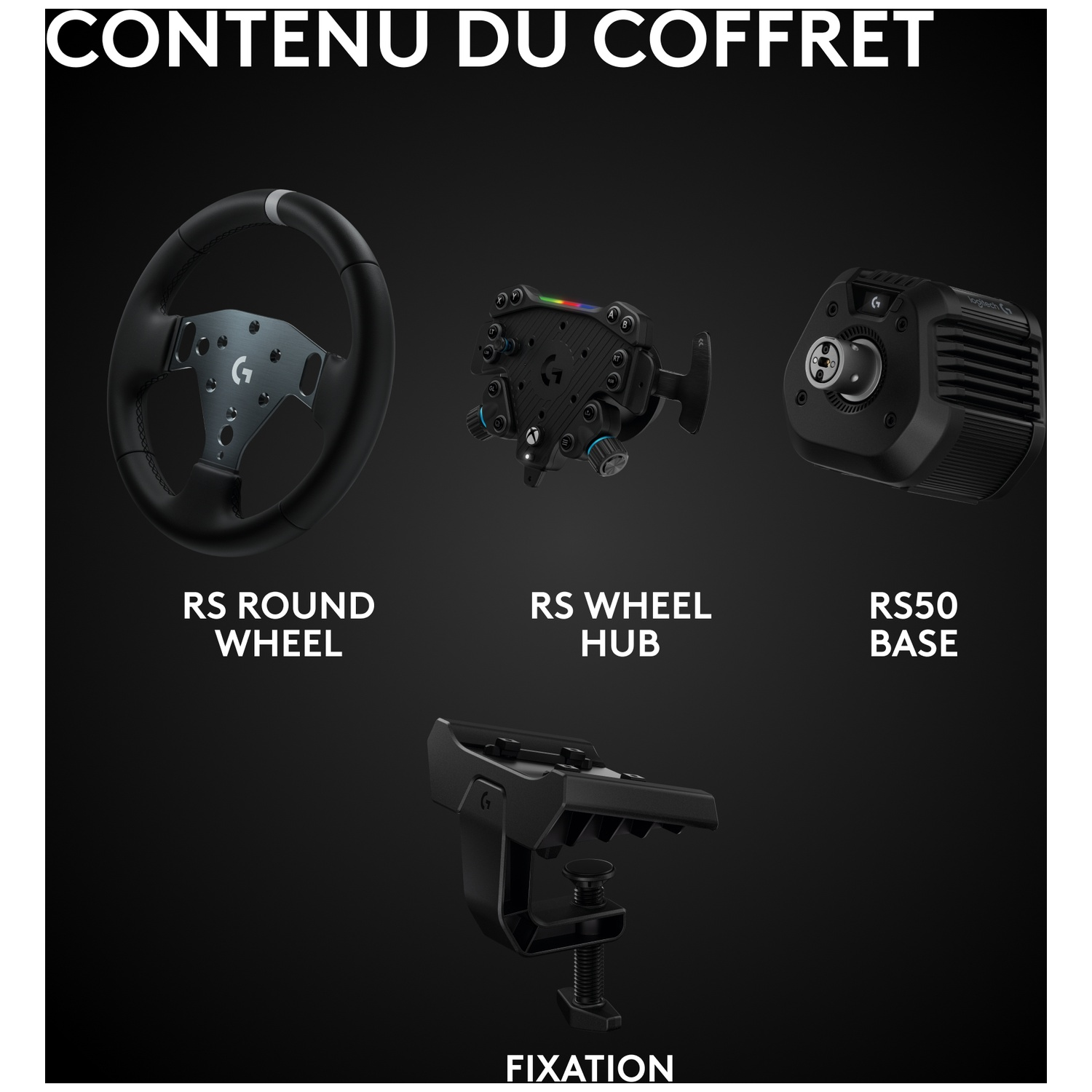 Afbeelding toont een race stuurwiel set: wiel, naaf, basis en een klem. Componenten zijn zwart met zilveren accenten, tegen een donkere achtergrond.