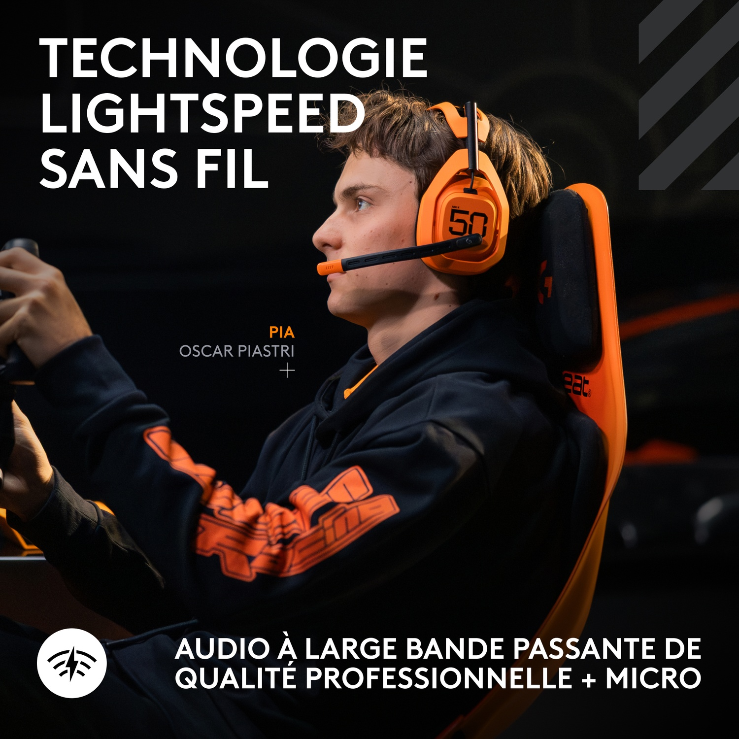 Un homme portant un casque orange est assis sur une chaise. Le texte indique 'TECHNOLOGIE LIGHTSPEED SANS FIL' et autres détails du produit.