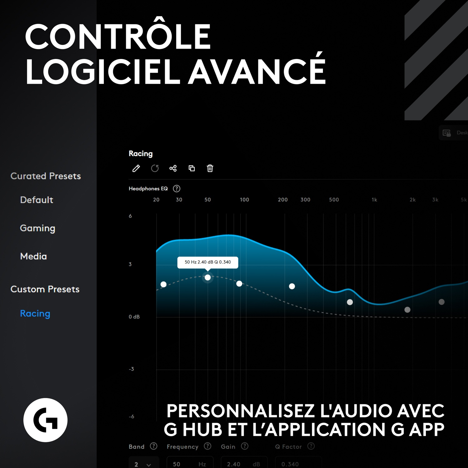 Interface du logiciel de personnalisation audio. Un graphique en courbes bleu sur fond sombre. Texte et logo également présents.