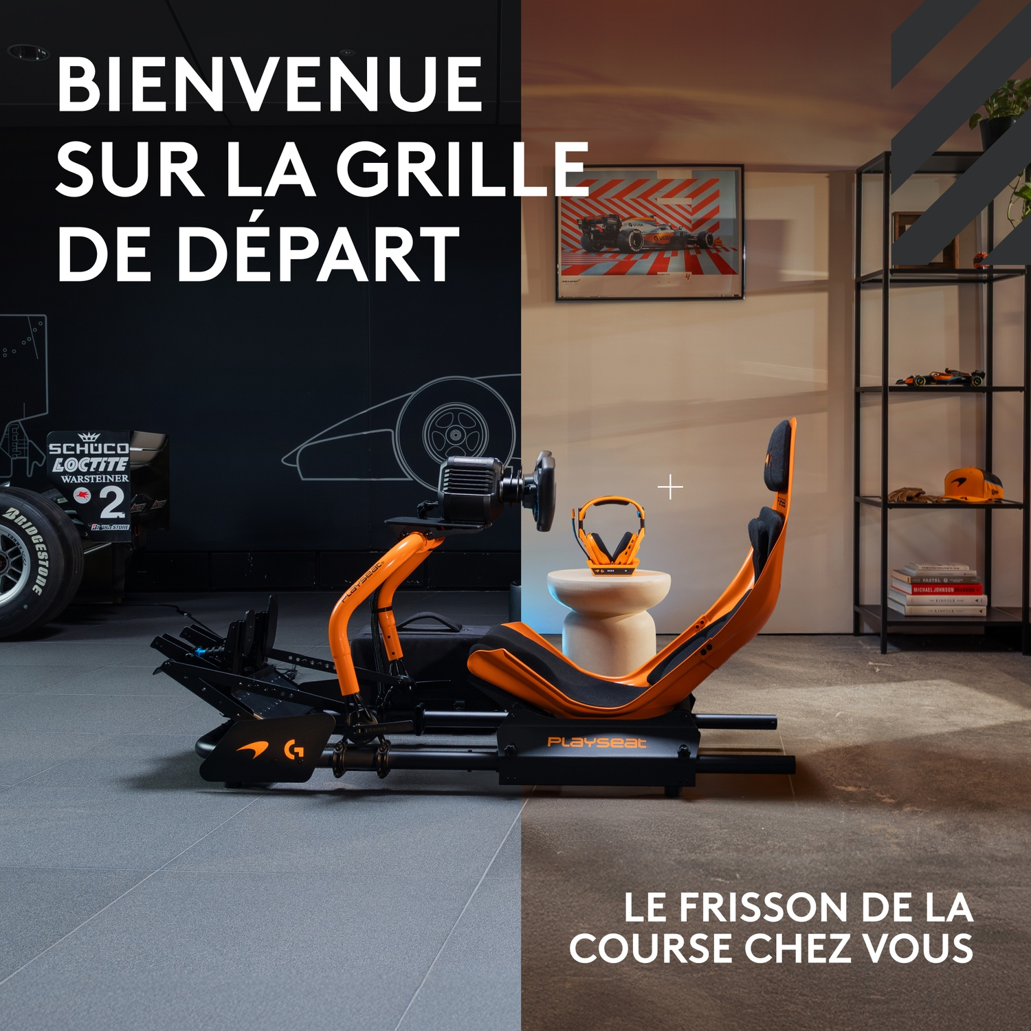 Un siège de simulateur de course orange et noir est dans une pièce. Le texte dit 'Bienvenue sur la grille de départ' et 'Le frisson de la course chez vous'.