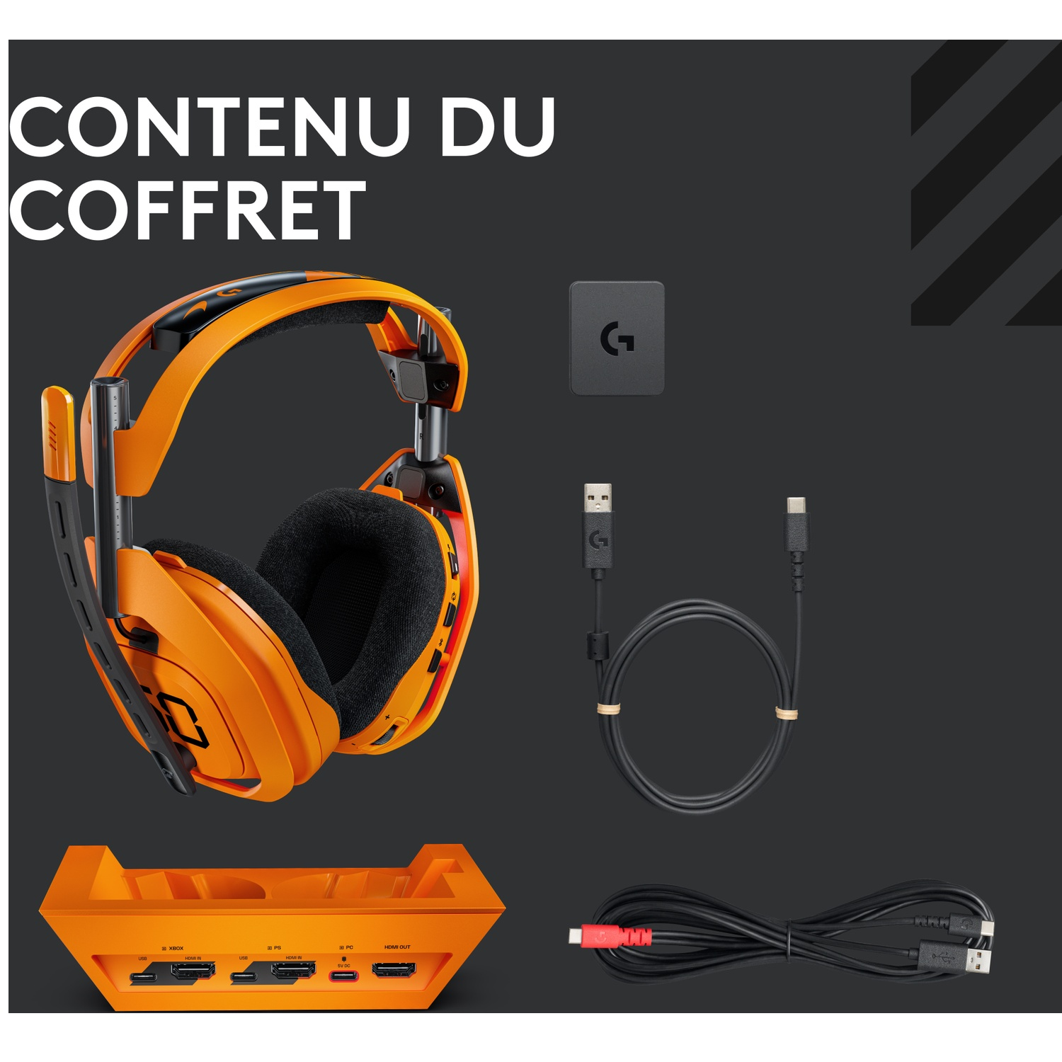 Un casque orange, une station de base, des câbles et un petit élément carré avec un logo 'G' sur fond noir. Texte : 'CONTENU DU COFFRET'.