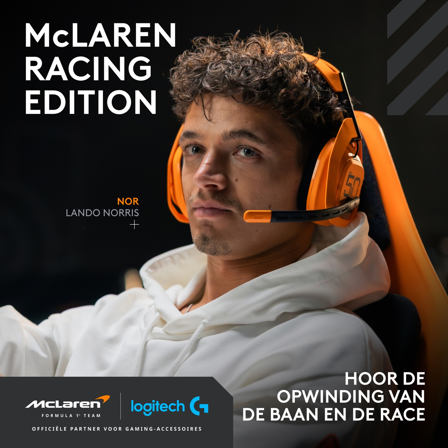Lando Norris wearing orange headset, in a McLaren Racing Edition ad. McLaren and Logitech logos at the bottom.