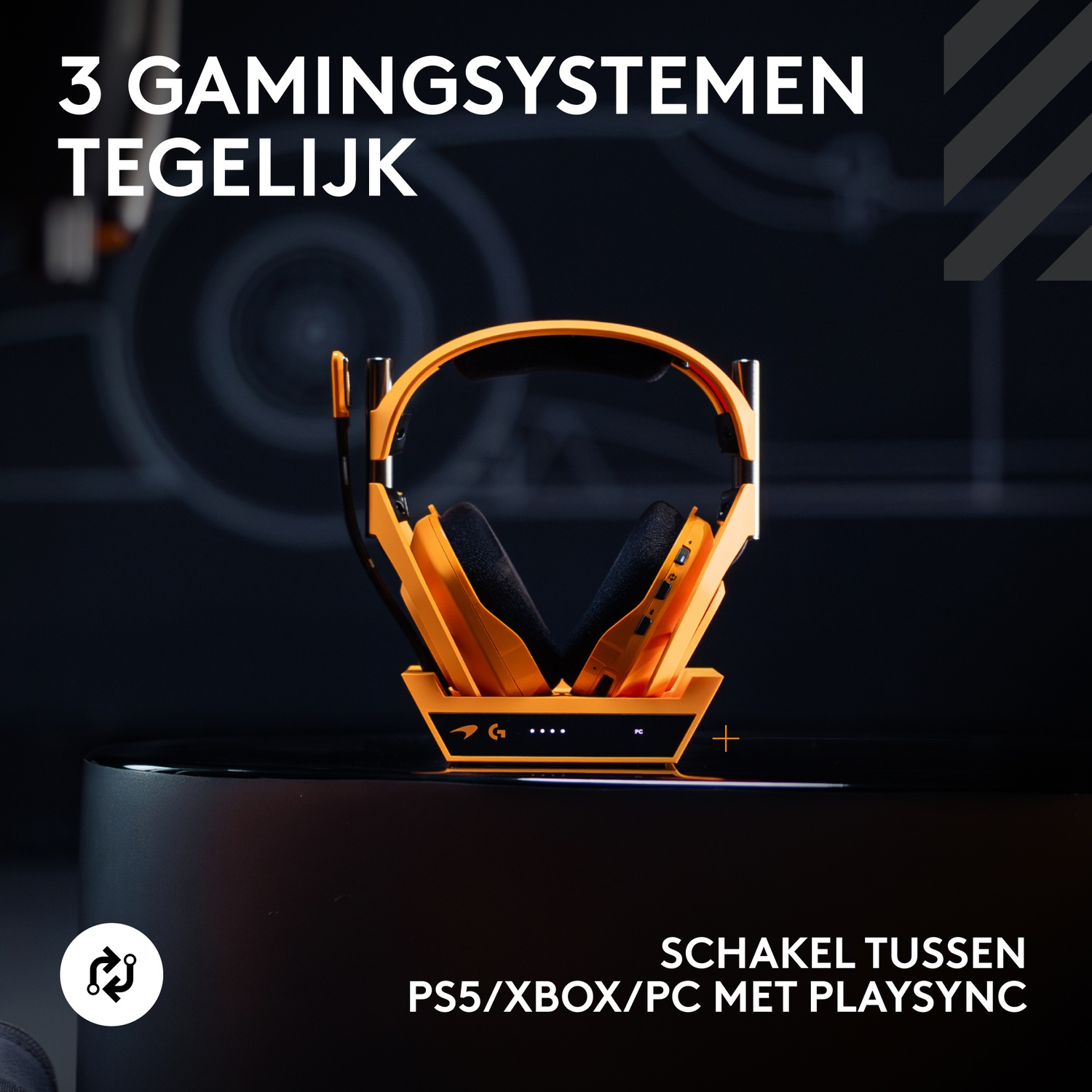An orange gaming headset on a black stand. Text says, 3 gaming systems at once. Switch between PS5/Xbox/PC with PlaySync.