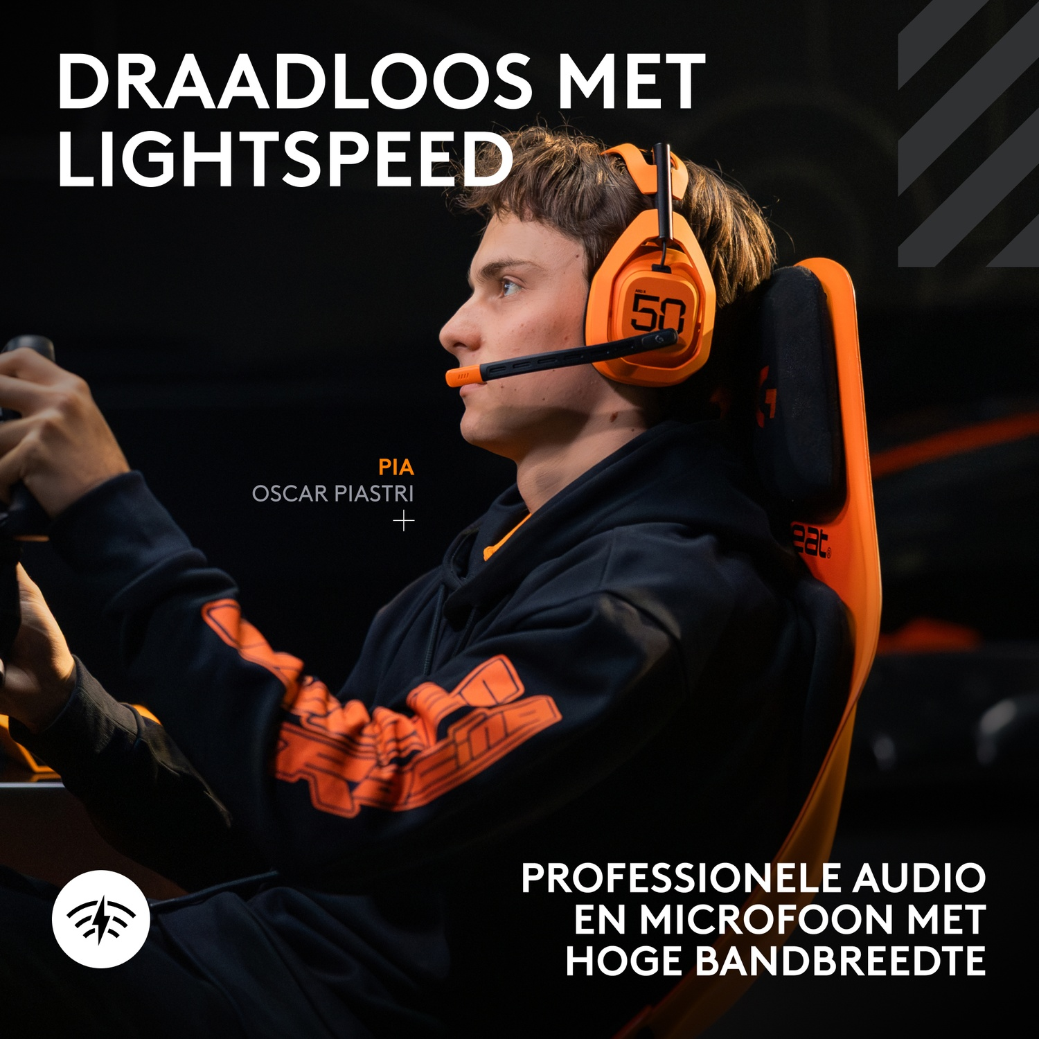 A man wearing an orange headset sits in a racing chair. Text includes 'DRAADLOOS MET LIGHTSPEED' and 'PROFESSIONELE AUDIO'.
