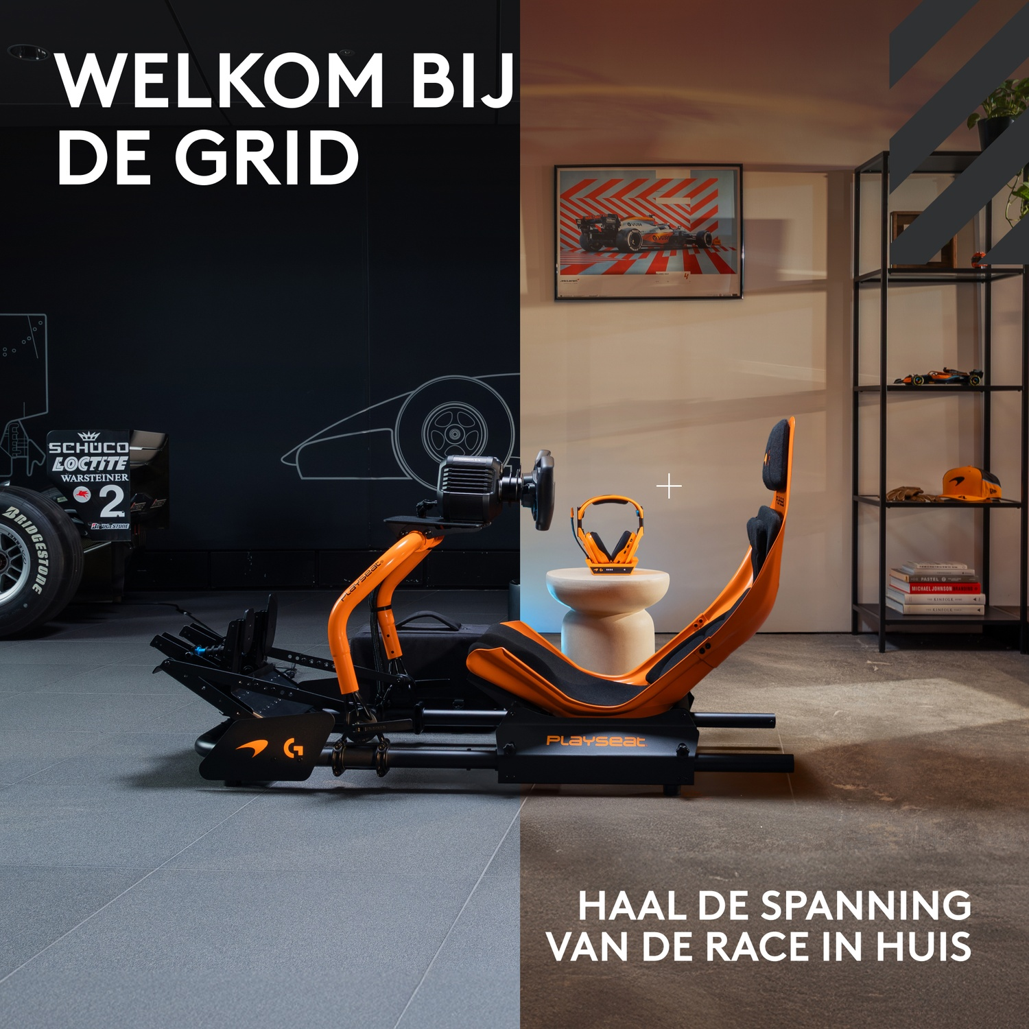 An orange and black racing simulator is in a room. A racing car image hangs on the wall, and the text says 'Welcome to the grid'.