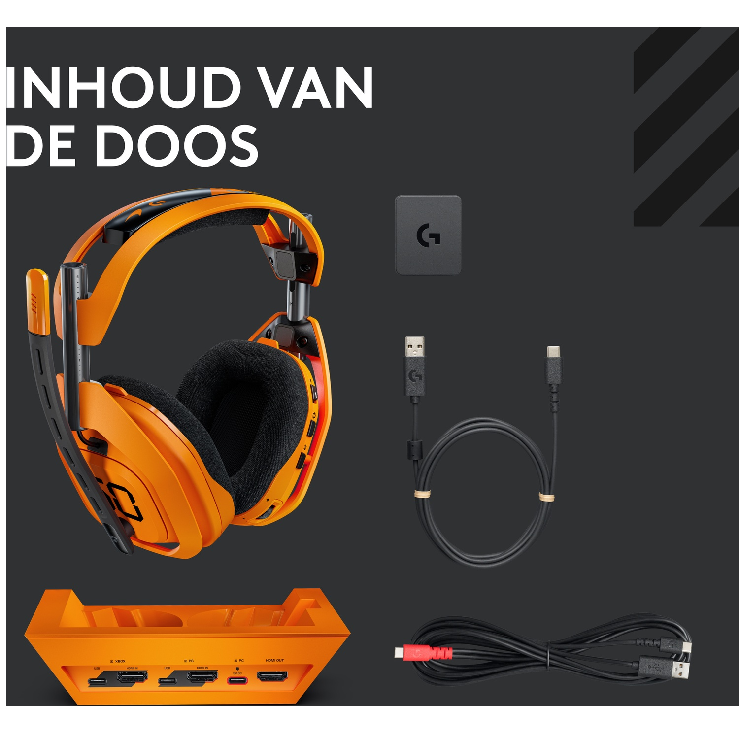 An orange gaming headset, base station, cables, and a small black Logitech device are displayed on a dark gray background.